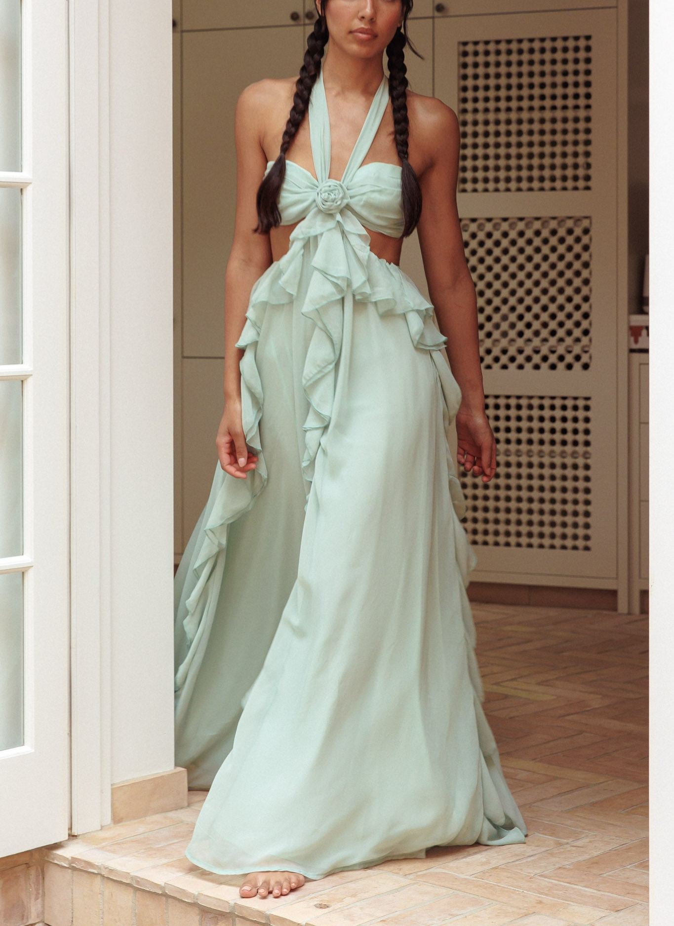 Santiago Cut-Out Ruffle Maxi Dress Sage