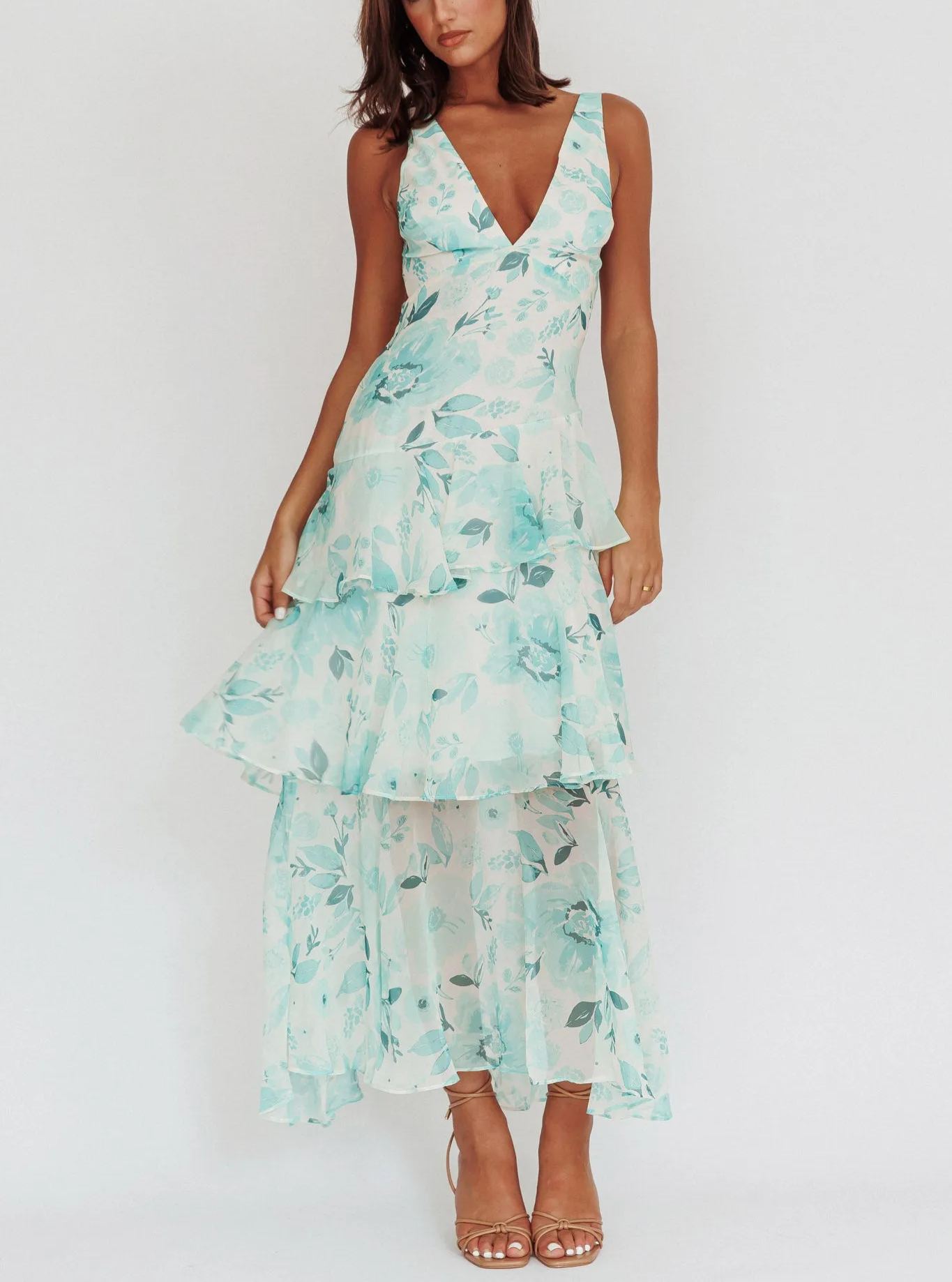 Veda Strappy Back Ruffle Maxi Dress Floral Green
