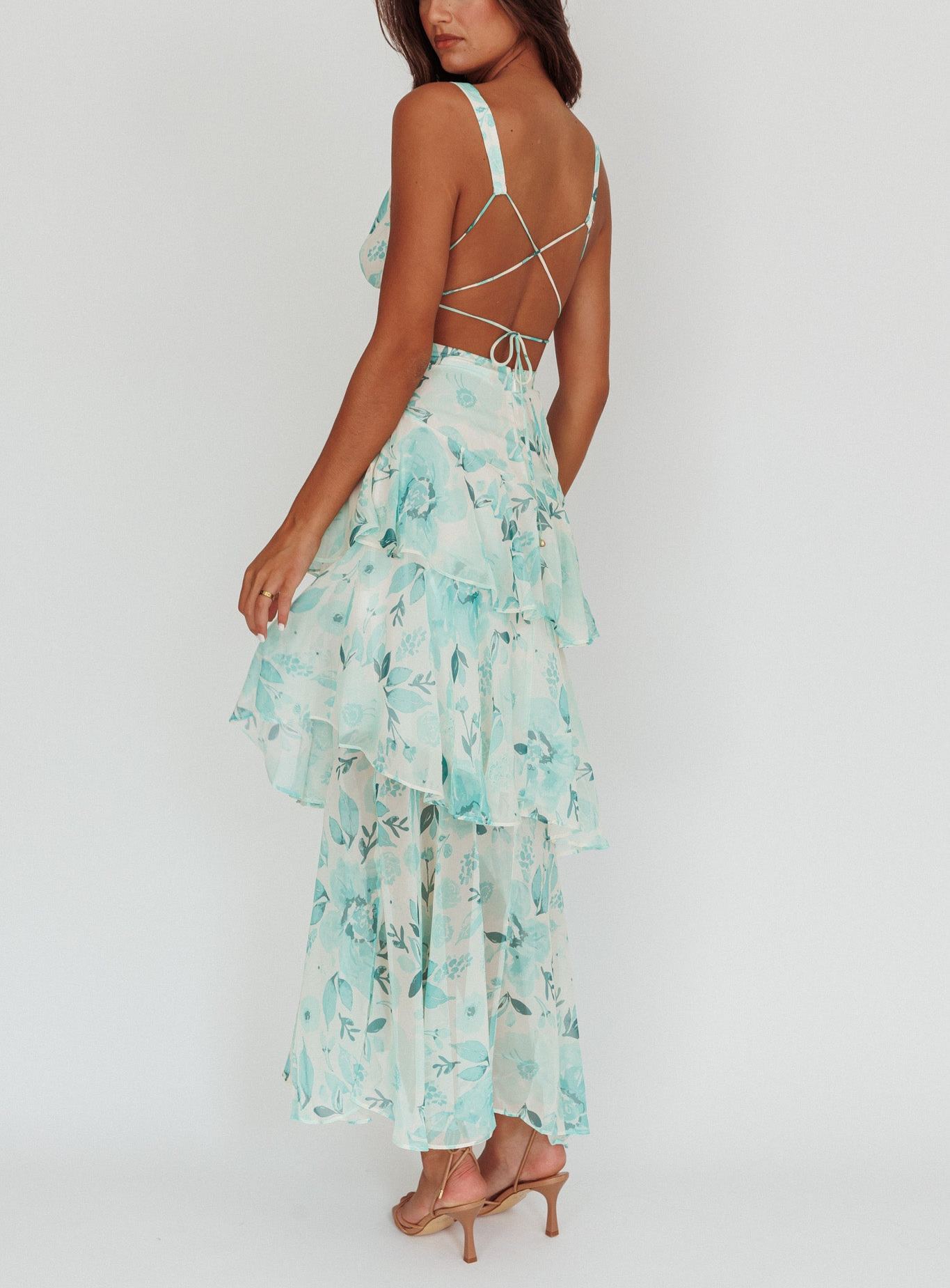 Veda Strappy Back Ruffle Maxi Dress Floral Green