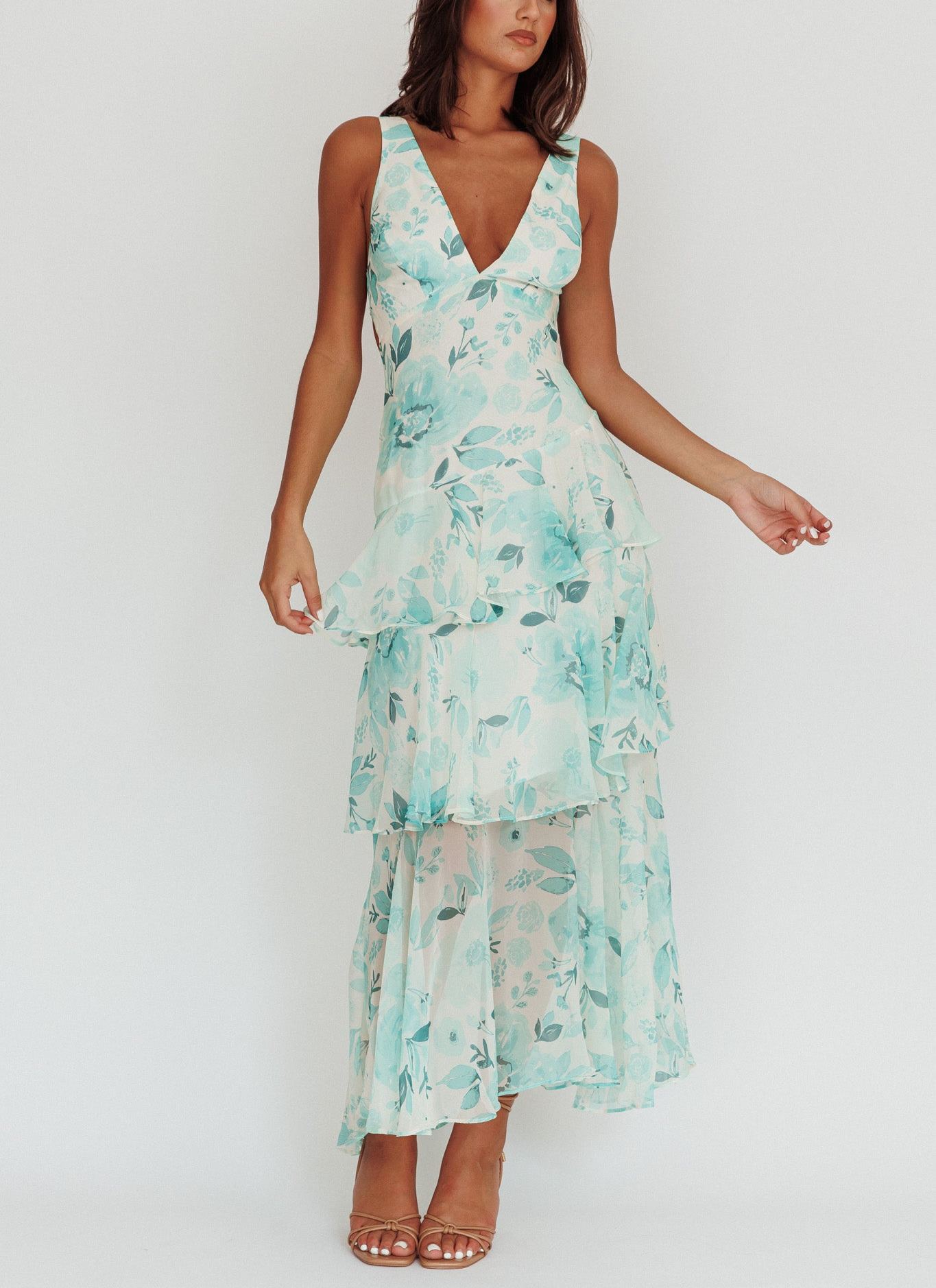 Veda Strappy Back Ruffle Maxi Dress Floral Green