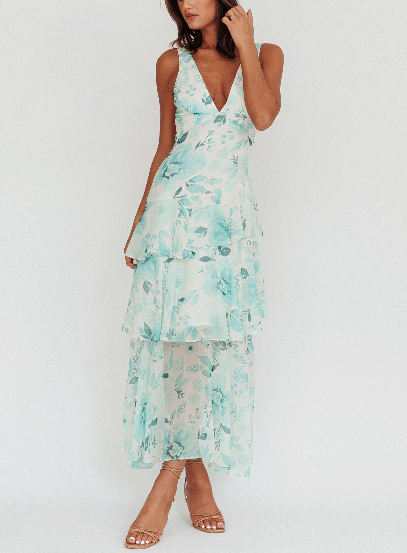 Veda Strappy Back Ruffle Maxi Dress Floral Green