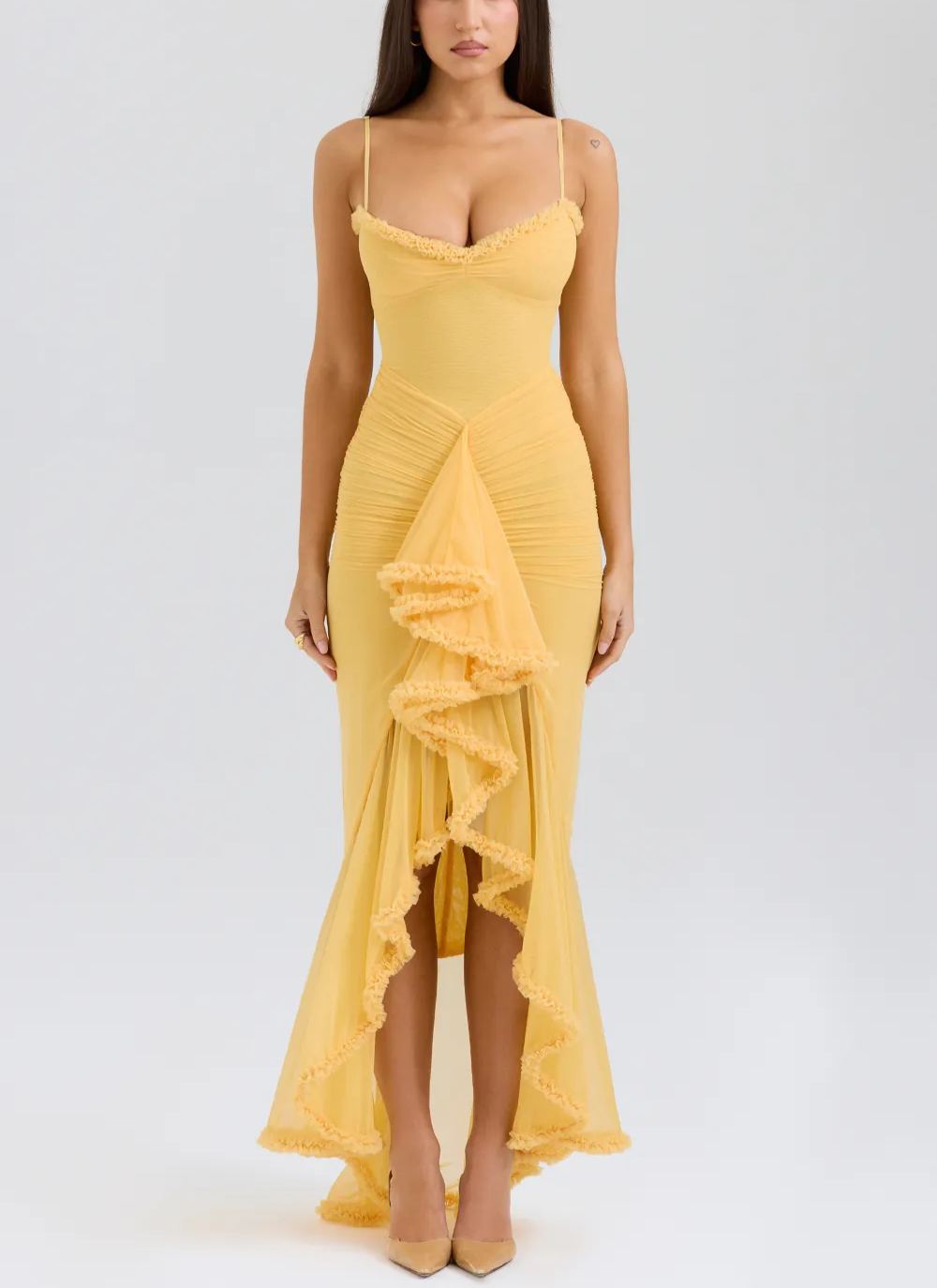 apricot ruffled front gown