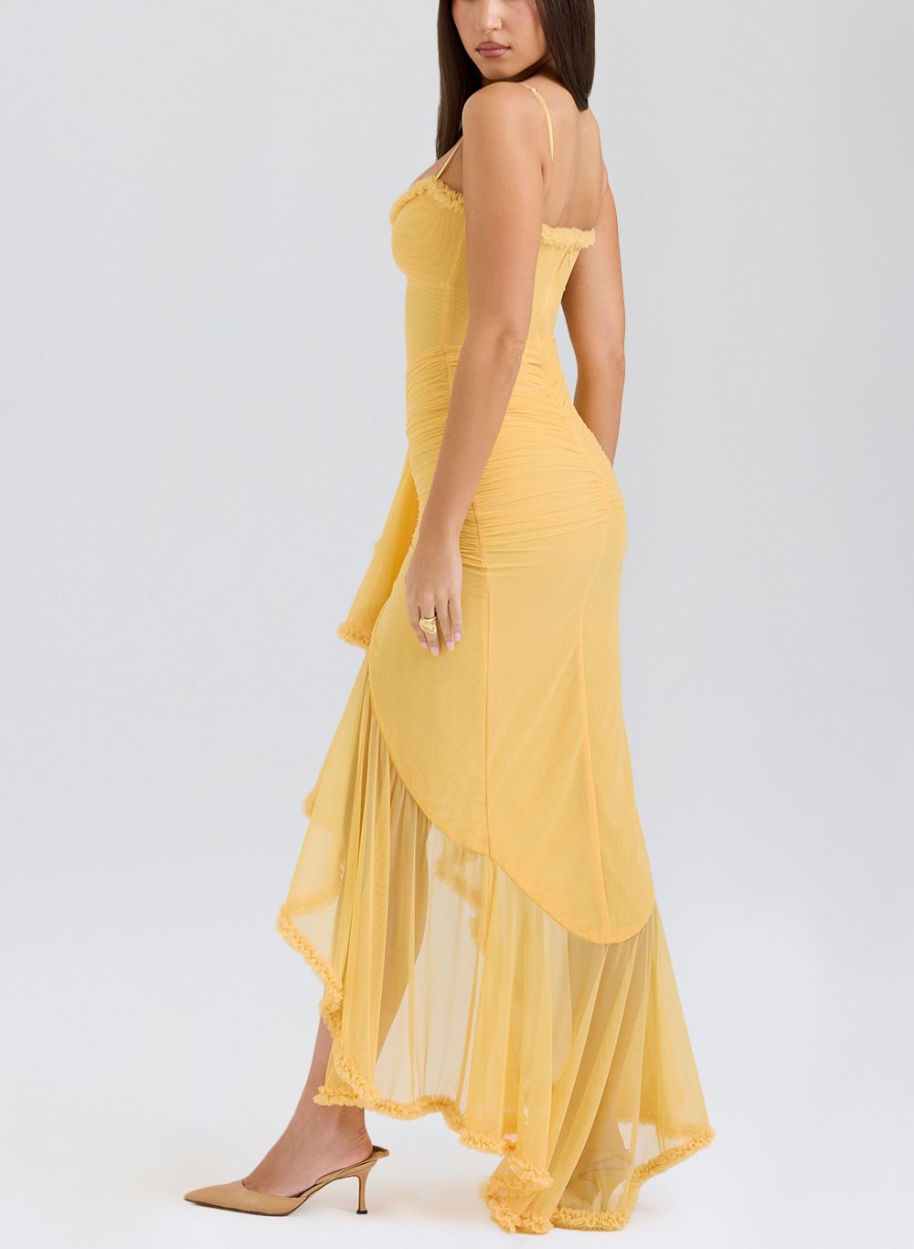 apricot ruffled front gown