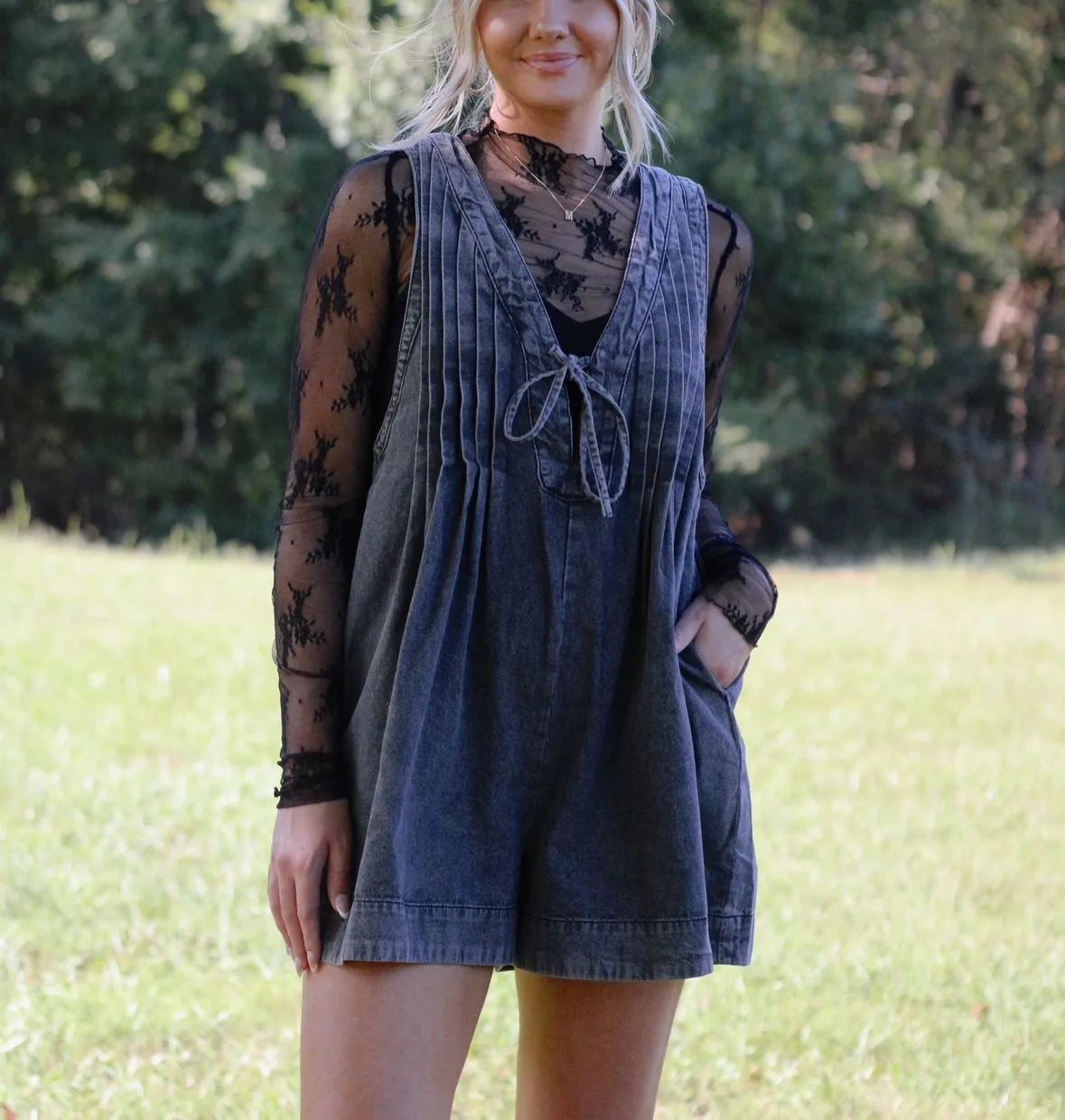 You Look Like You Love Me Denim Romper- Black