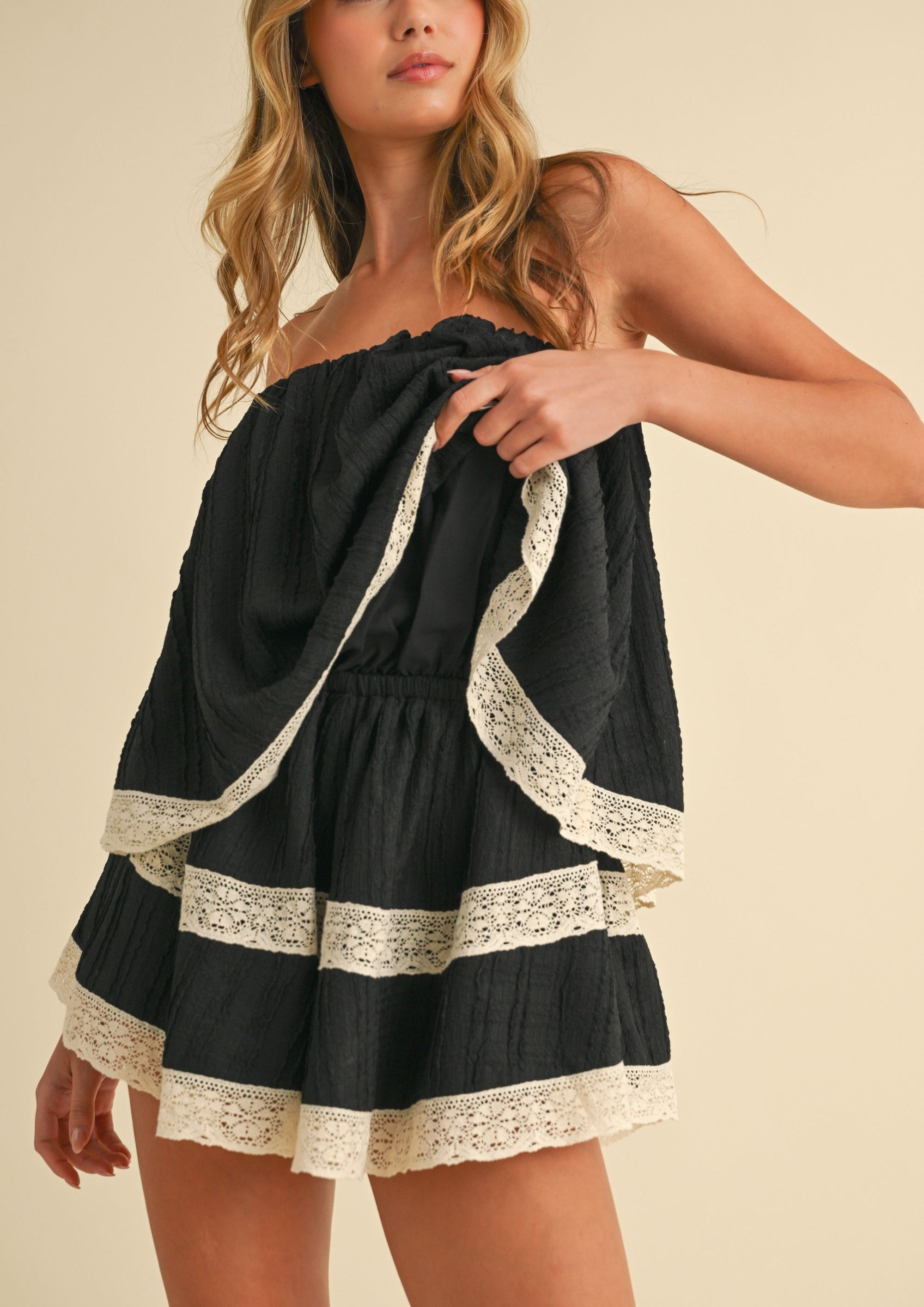 Thoughts of You Lace Tube Romper- Black