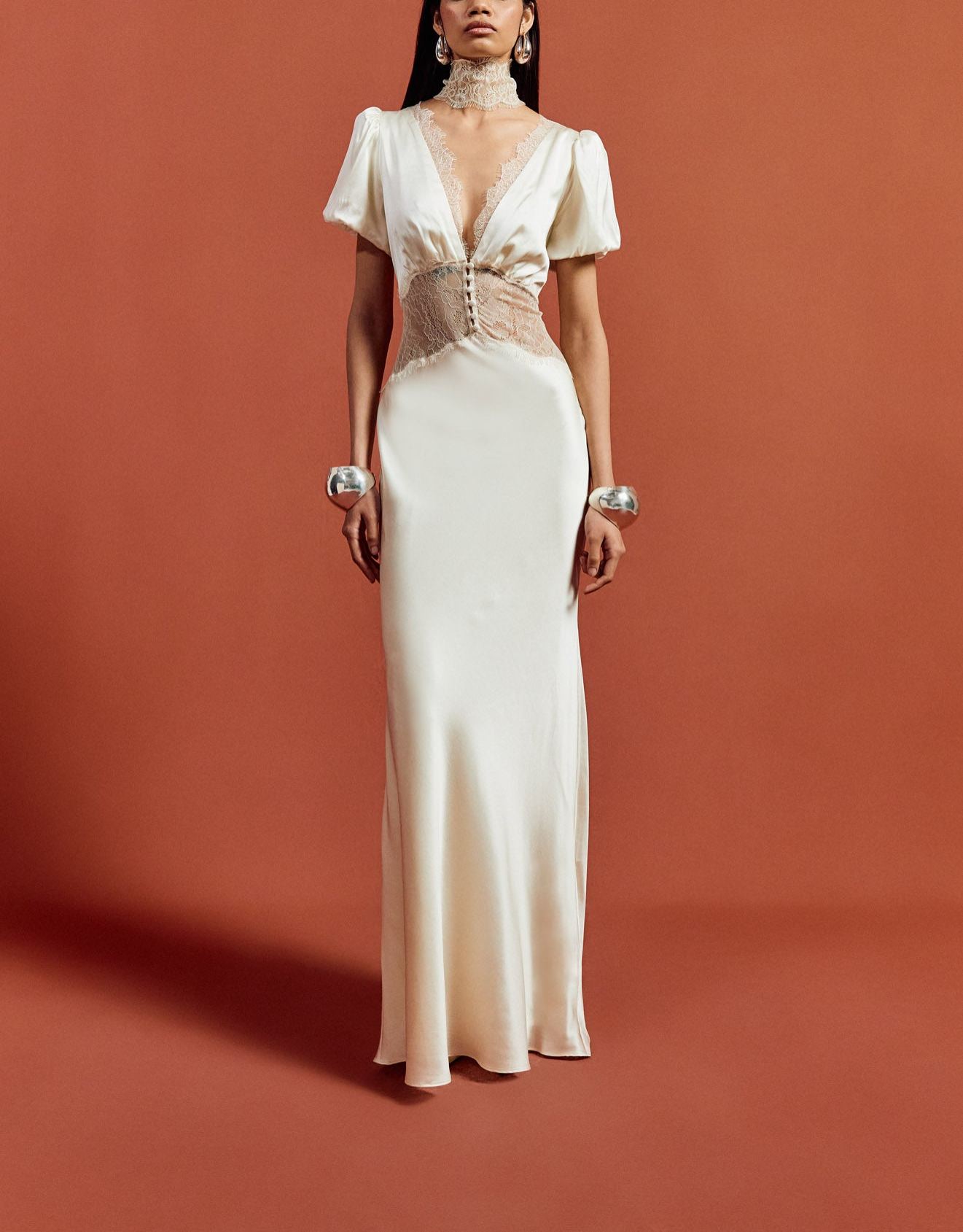 PAVLOVA LONG DRESS IN IVORY SILK SATIN