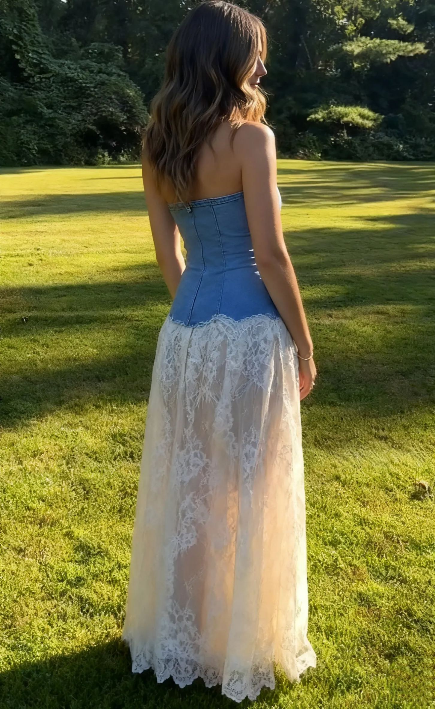 Denim lace maxi skirt