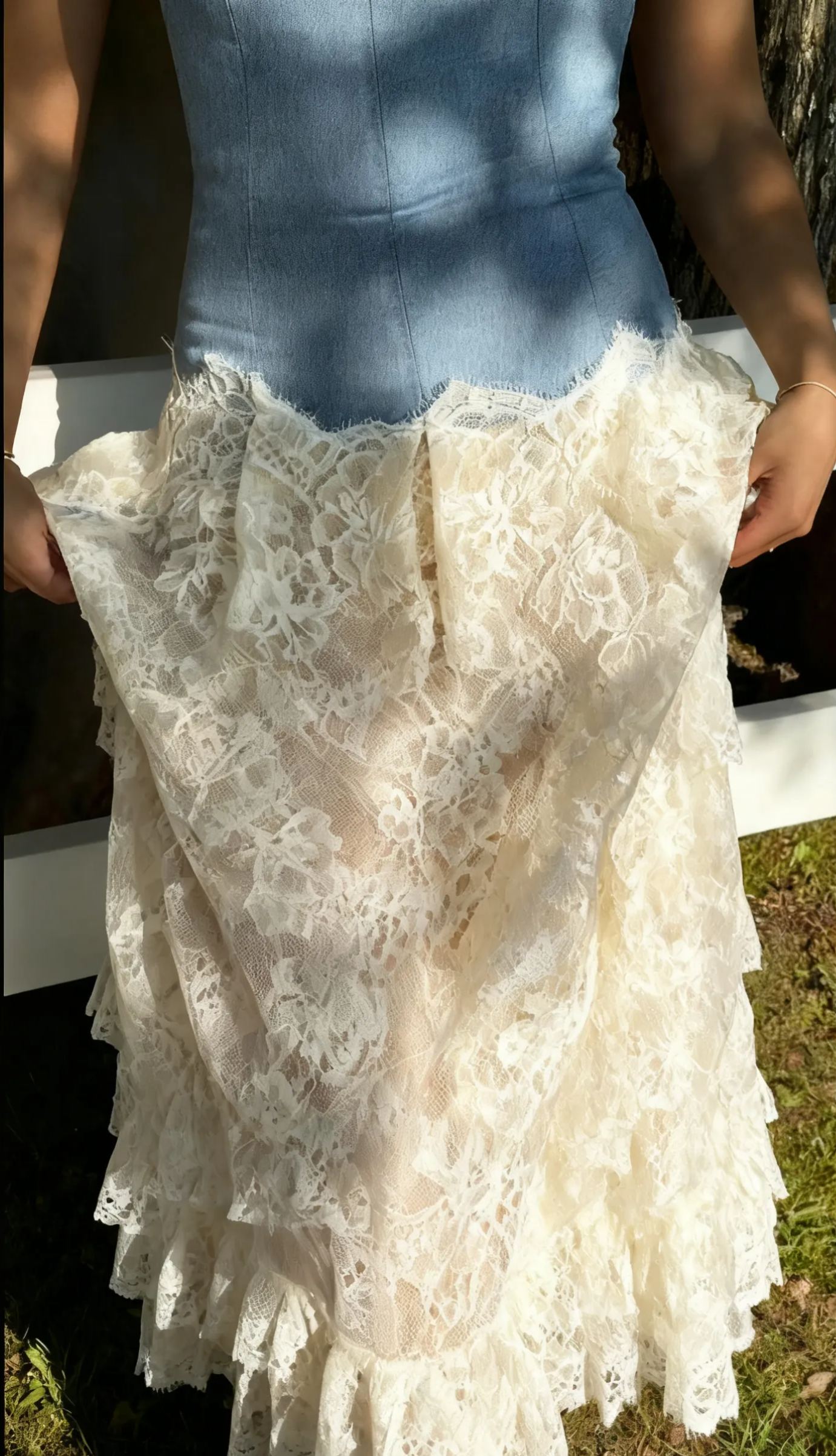 Denim lace maxi skirt