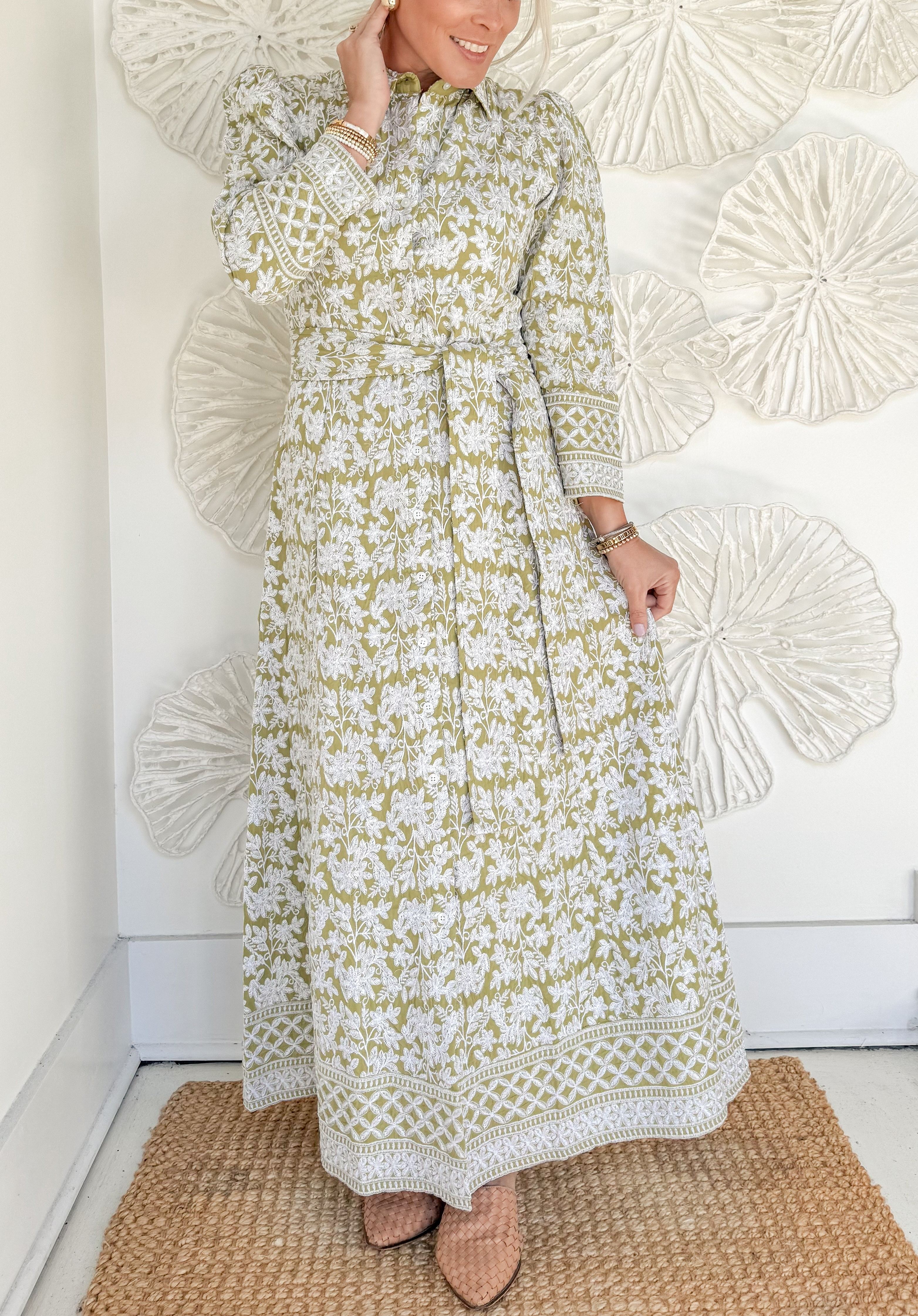 Green Hand Embroidered Maxi with Belt