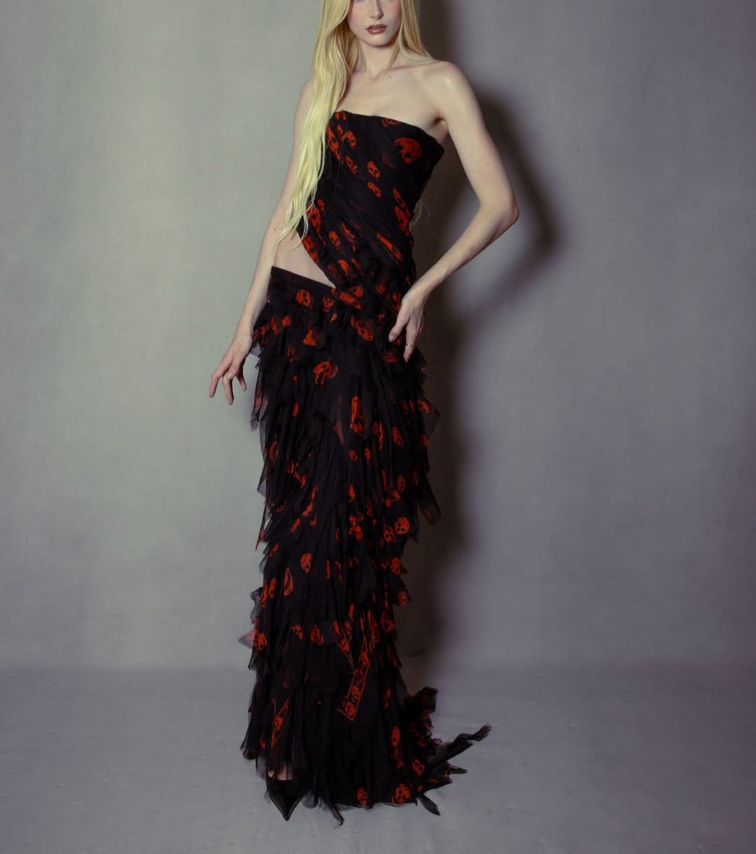 Black Skull Print Chiffon Dress