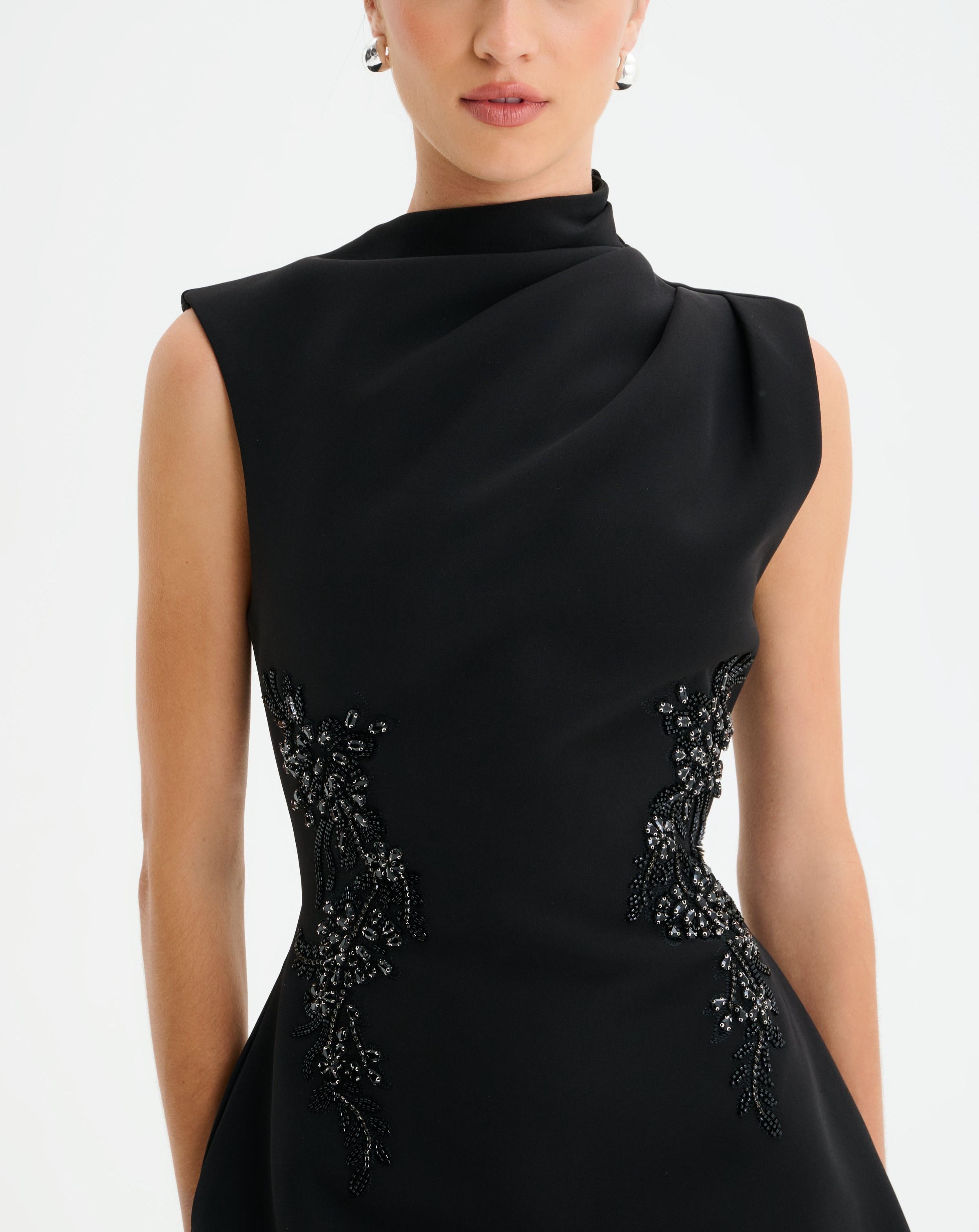 Asymmetric High Neck Embellished Tulip Mini Dress in Black