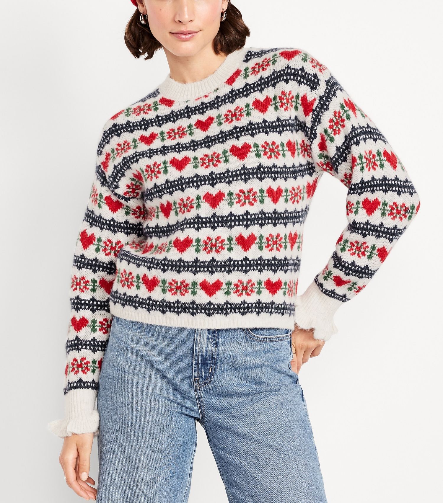 Loose Crew-Neck Wool-Blend Cropped Sweater