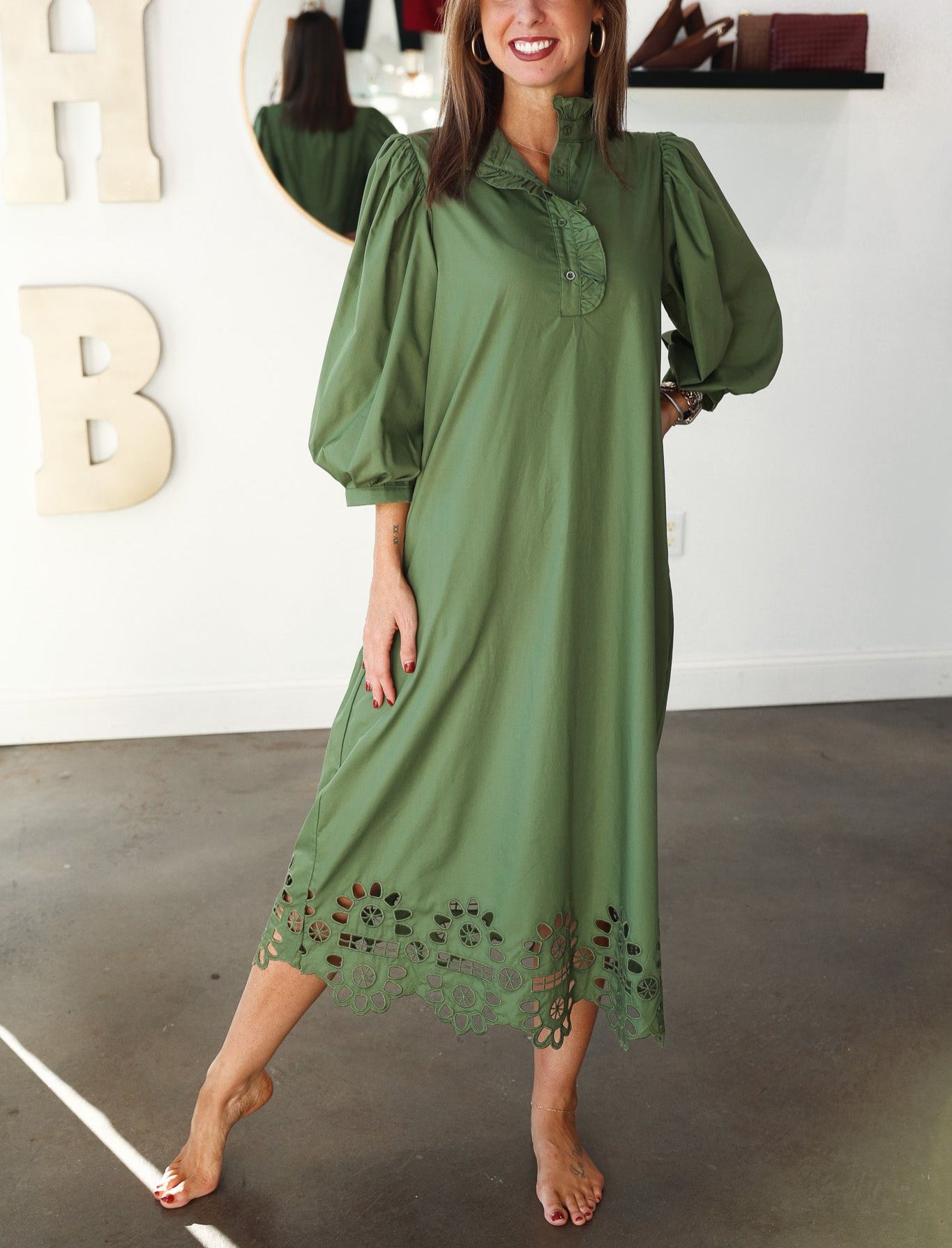 Ruffle Collar Eyelet Trim Dress - Olive