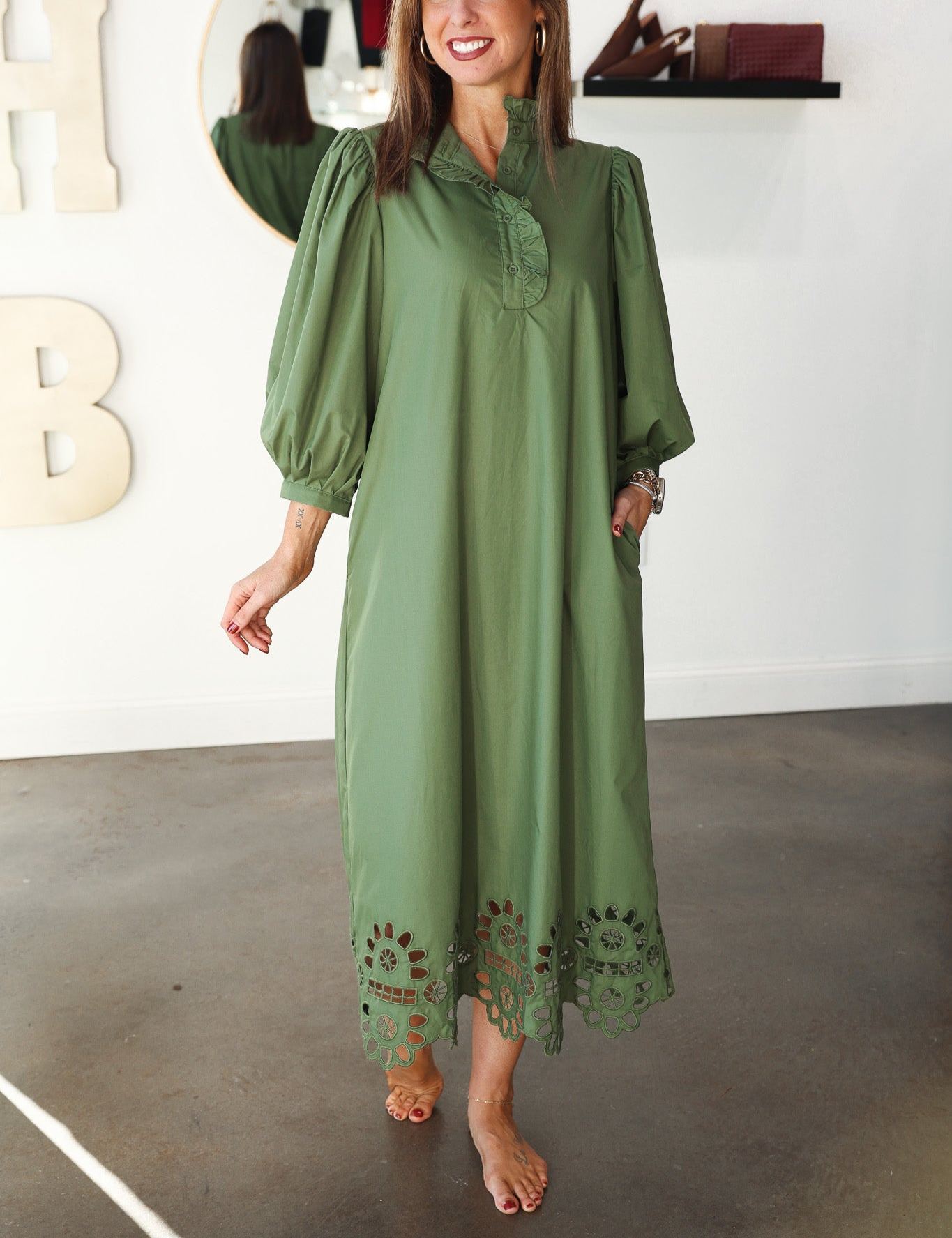 Ruffle Collar Eyelet Trim Dress - Olive