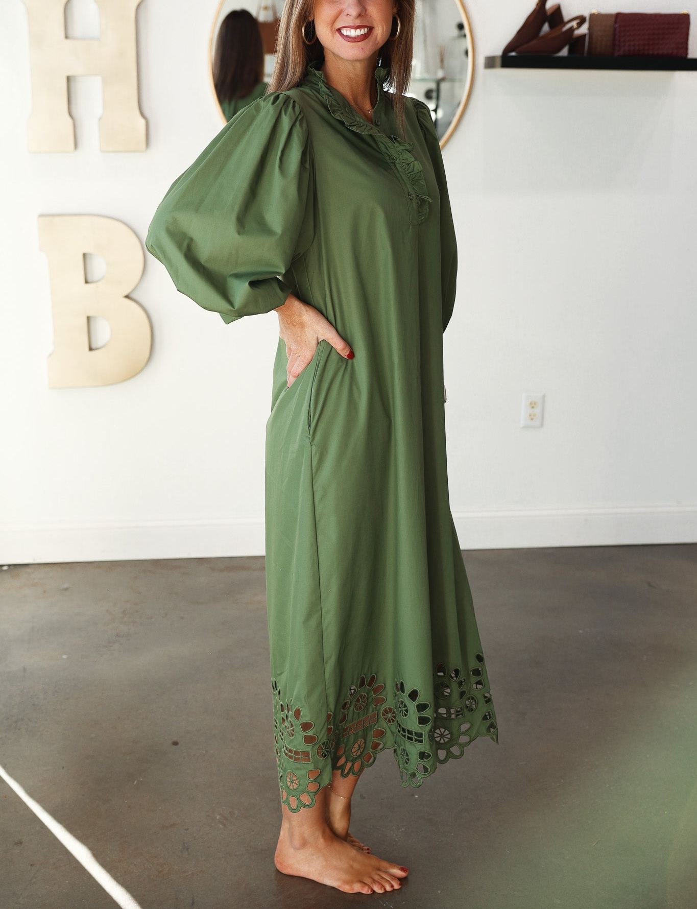 Ruffle Collar Eyelet Trim Dress - Olive