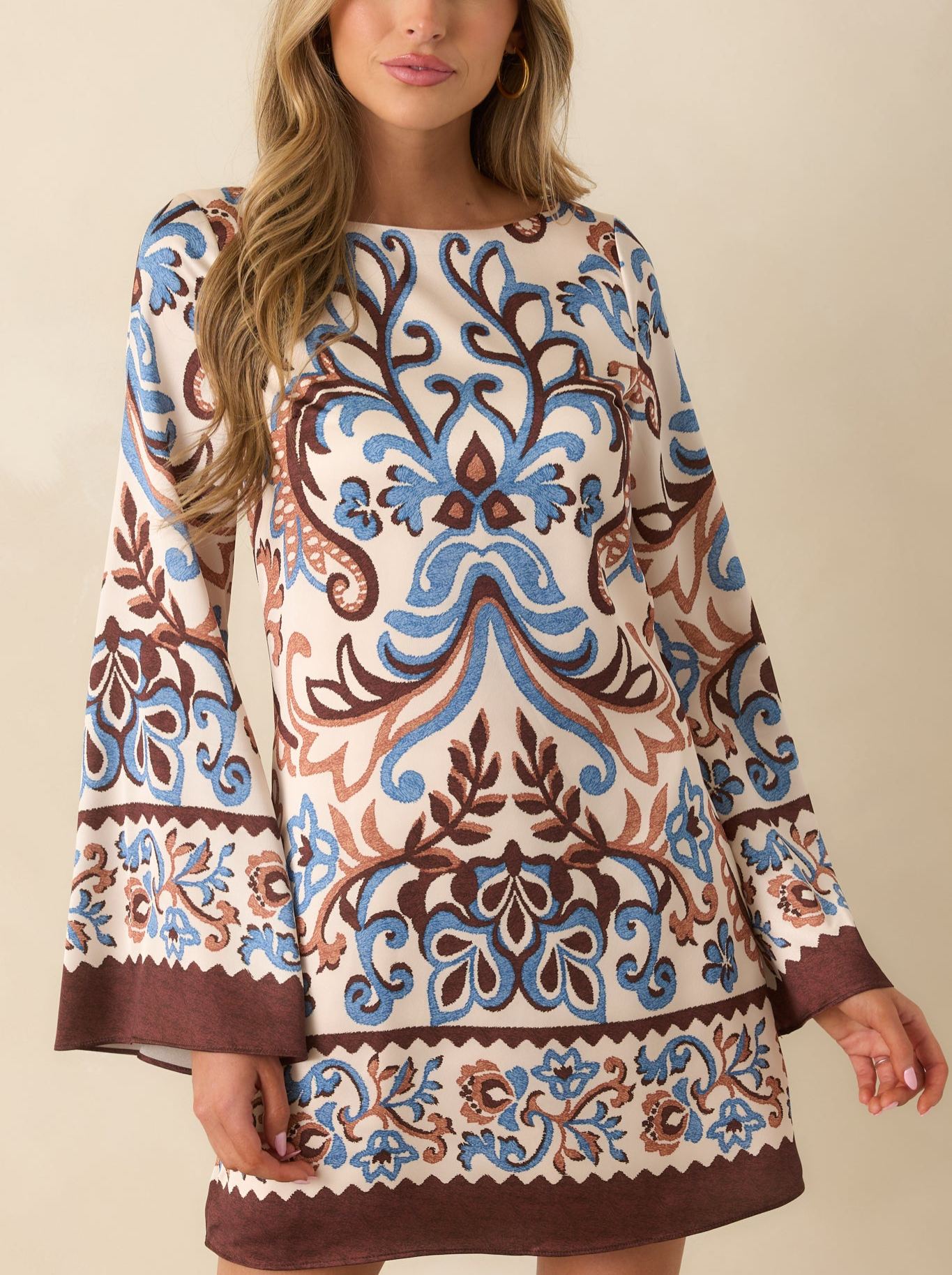 Don't Second Guess It Ivory Multi Print Satin Long Sleeve Mini Dress
