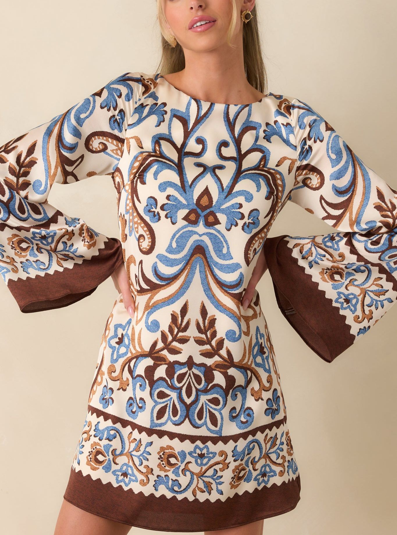 Don't Second Guess It Ivory Multi Print Satin Long Sleeve Mini Dress