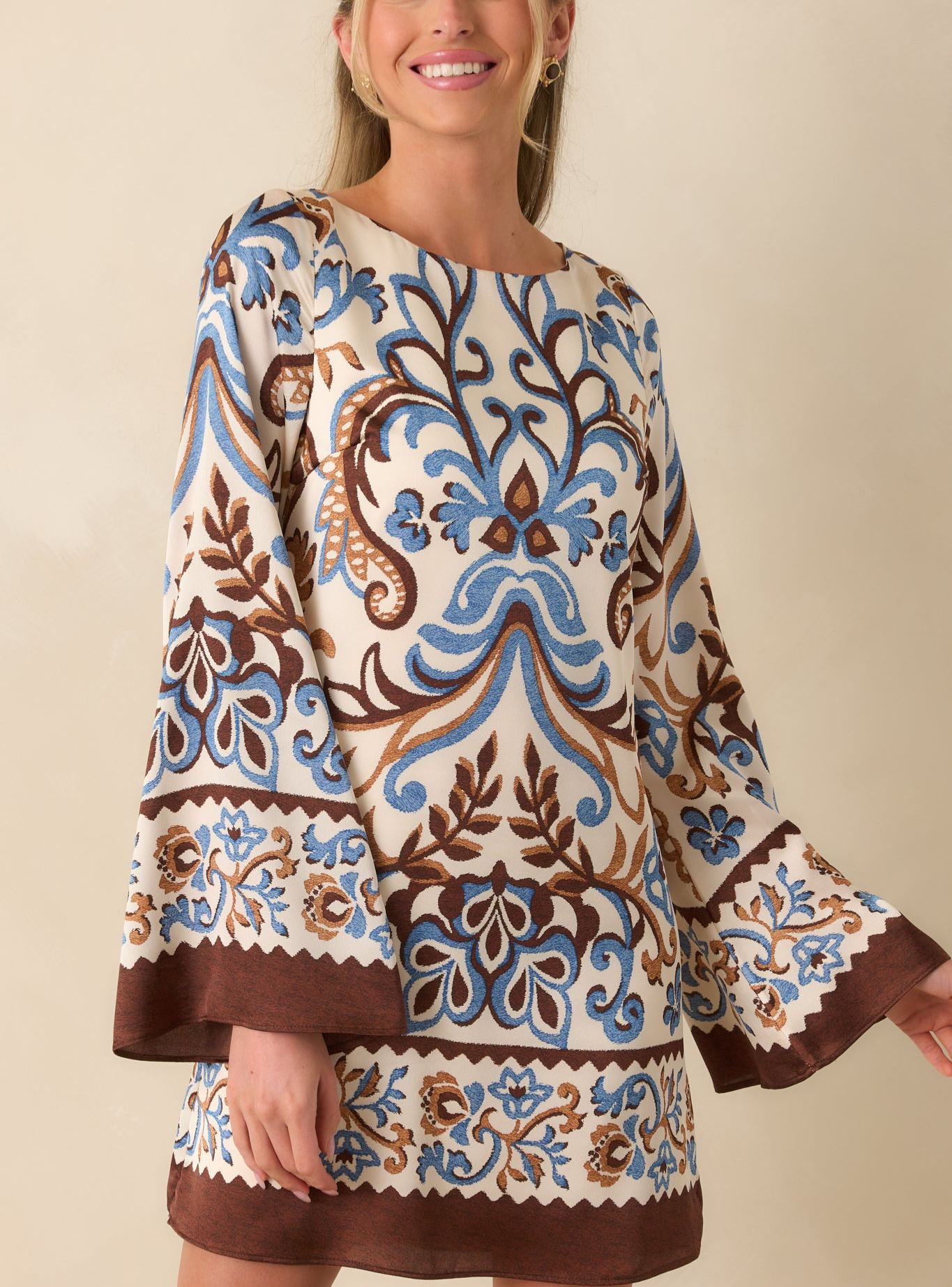 Don't Second Guess It Ivory Multi Print Satin Long Sleeve Mini Dress