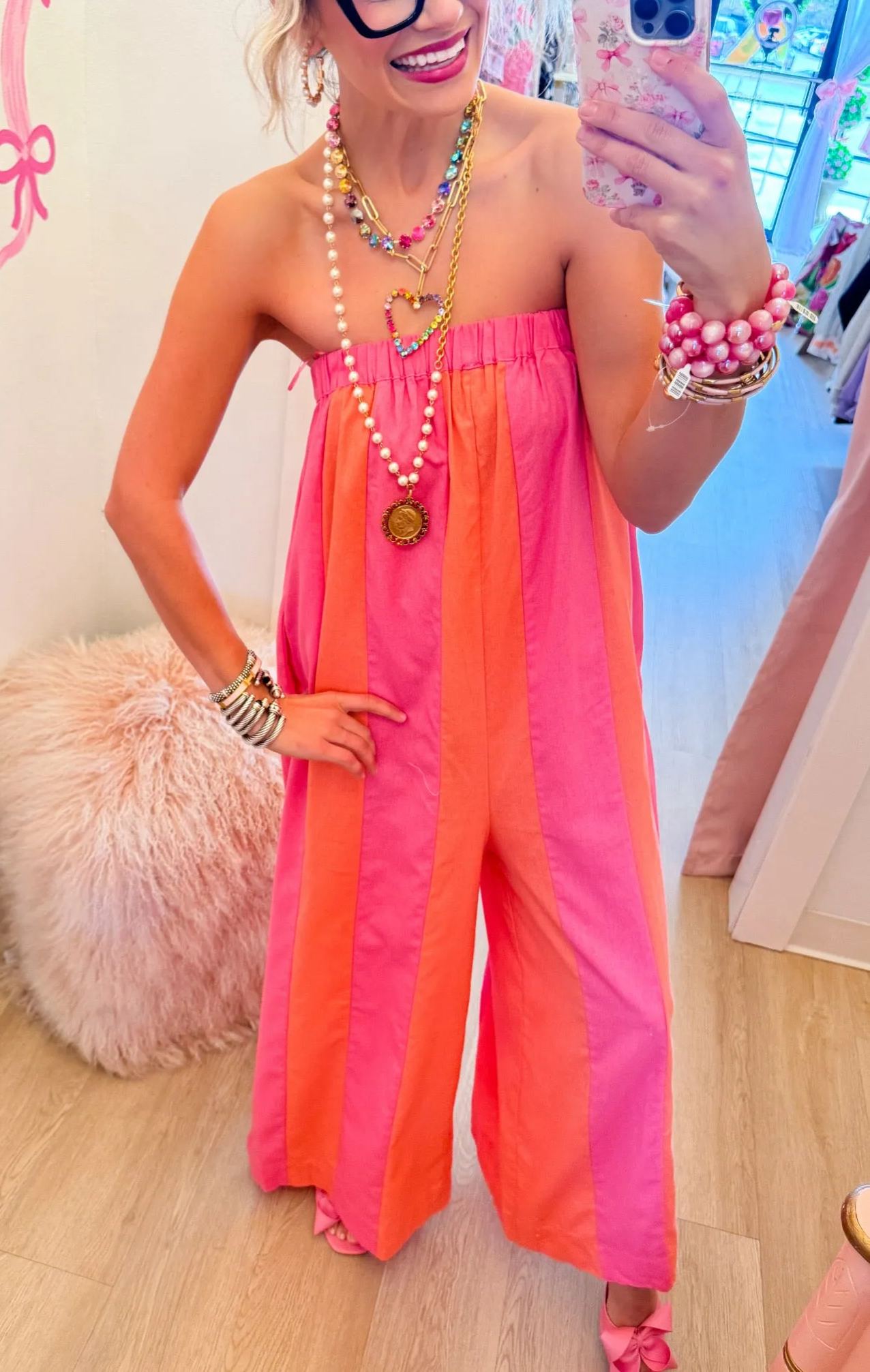 Hibiscus and Melon Striped Strapless Jumpsuit