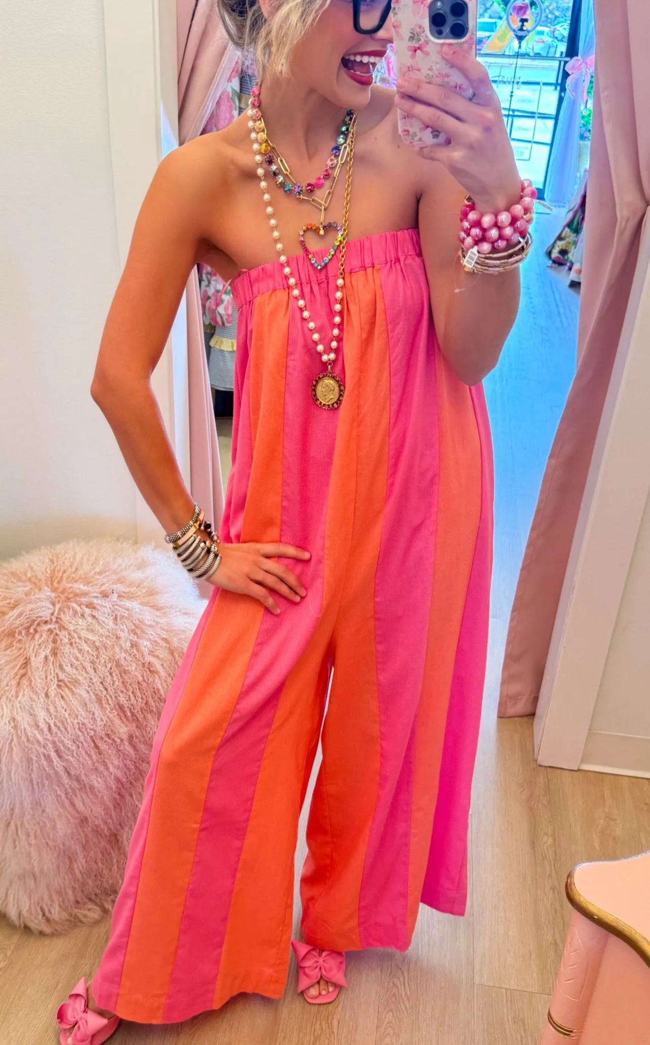 Hibiscus and Melon Striped Strapless Jumpsuit