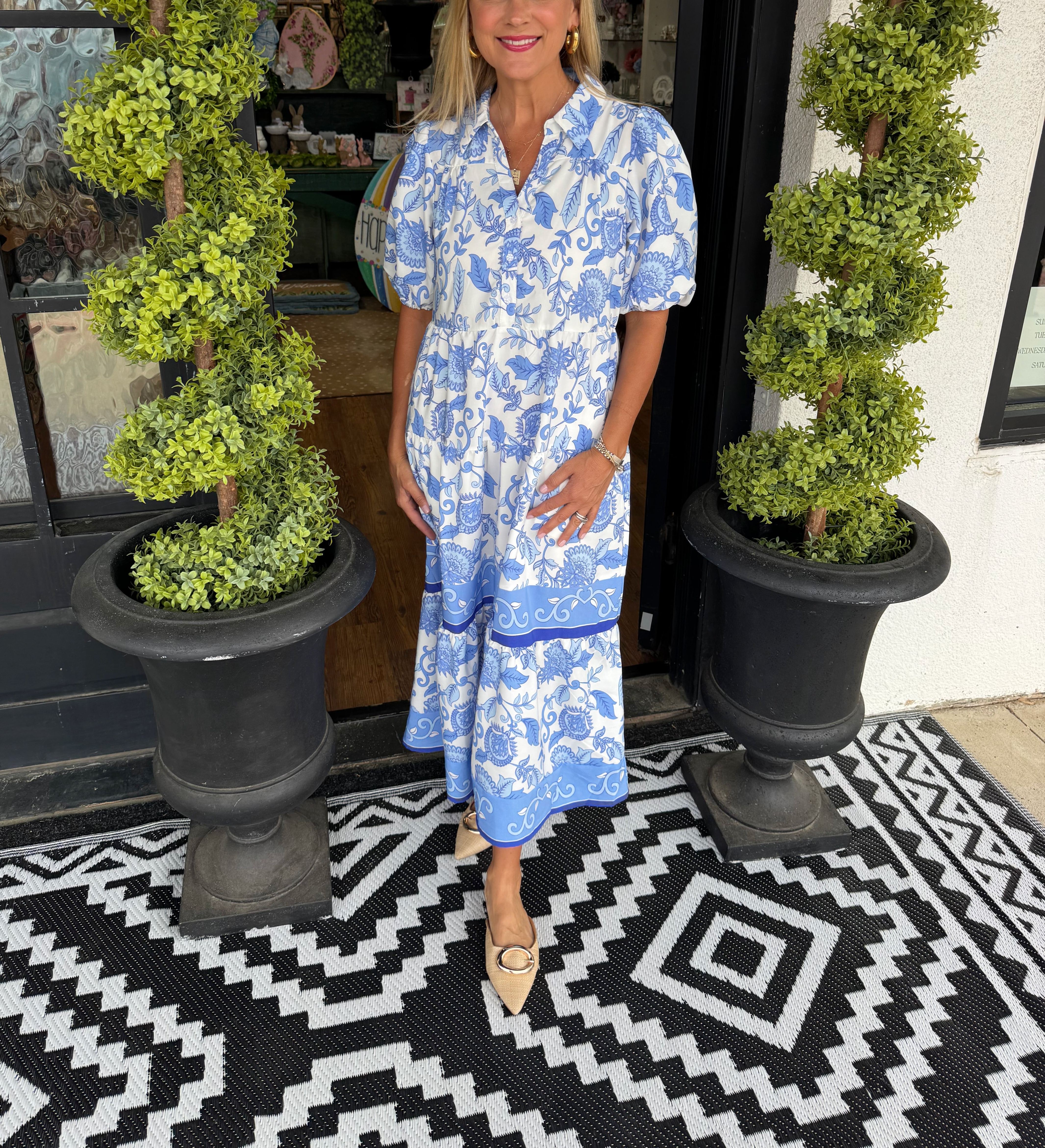 Mary Square Eloise Porcelain Vines Dress - Blue