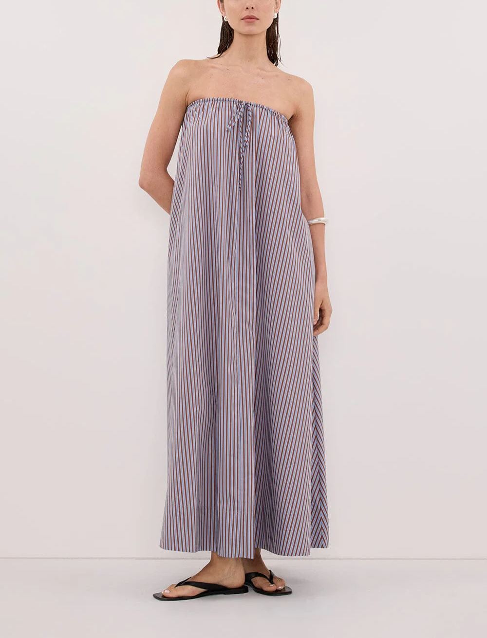 HARRI STRIPE STRAPLESS MIDI DRESS
