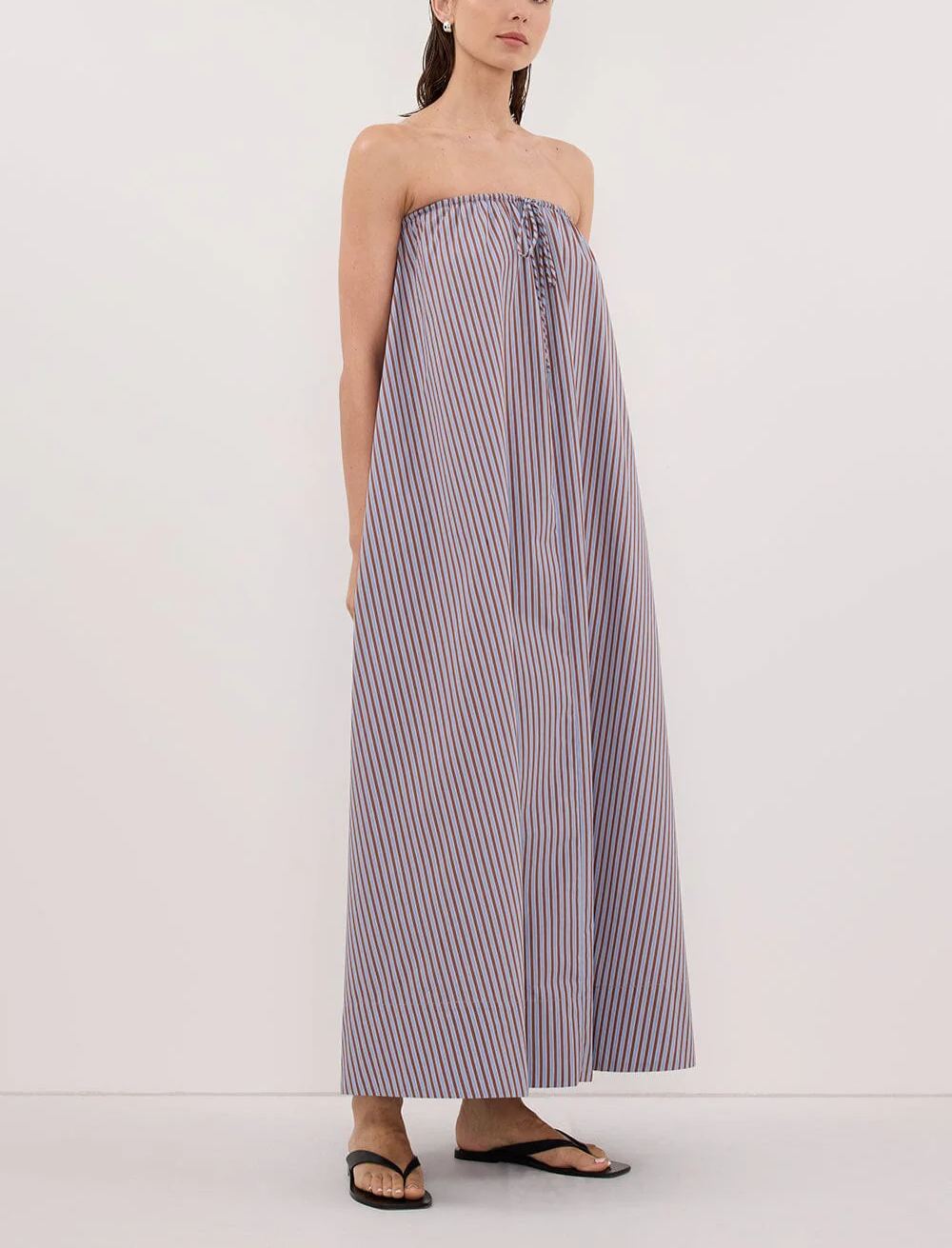 HARRI STRIPE STRAPLESS MIDI DRESS