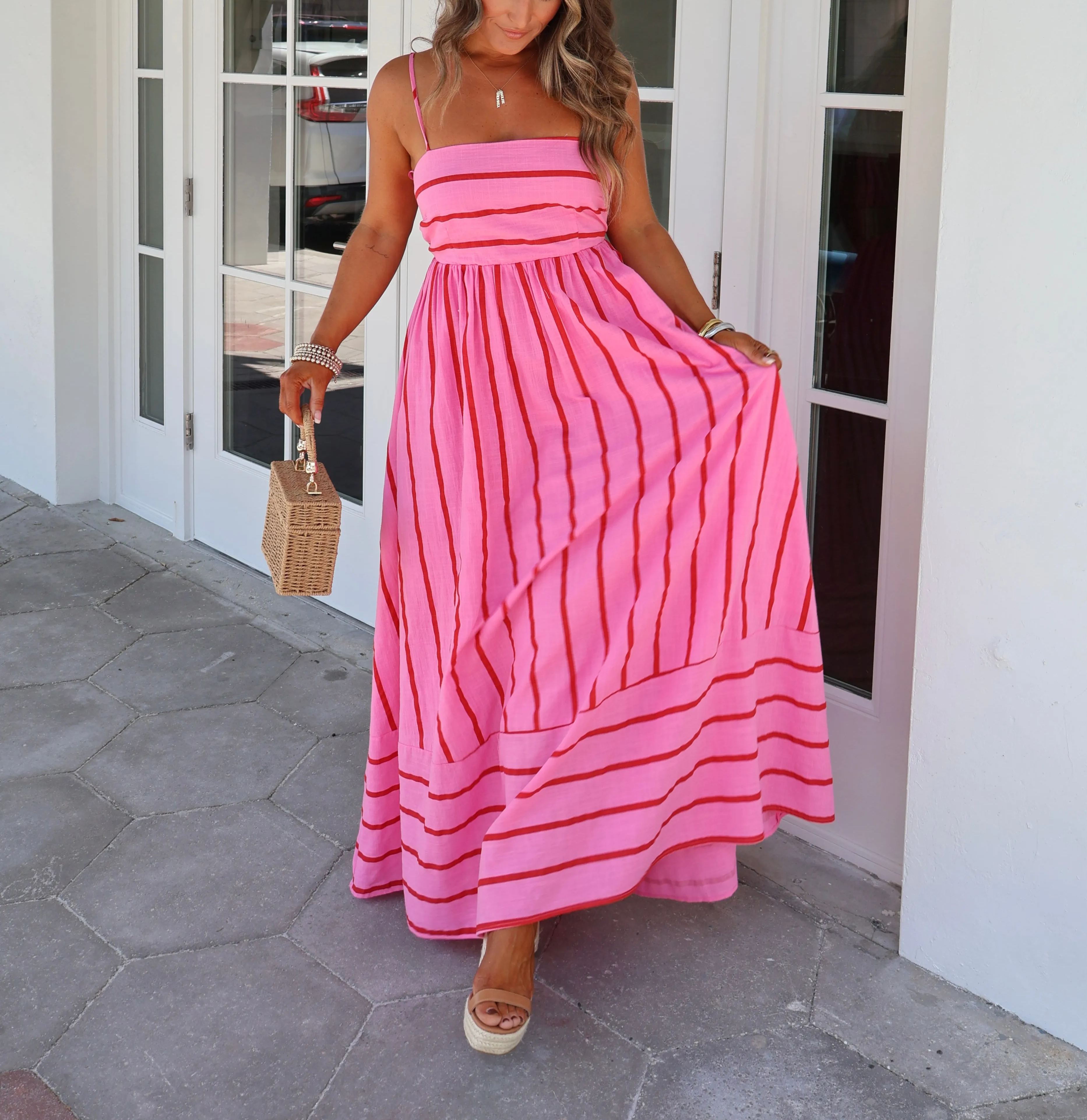 Cherry Blossom Striped Maxi Dress Pink Multi