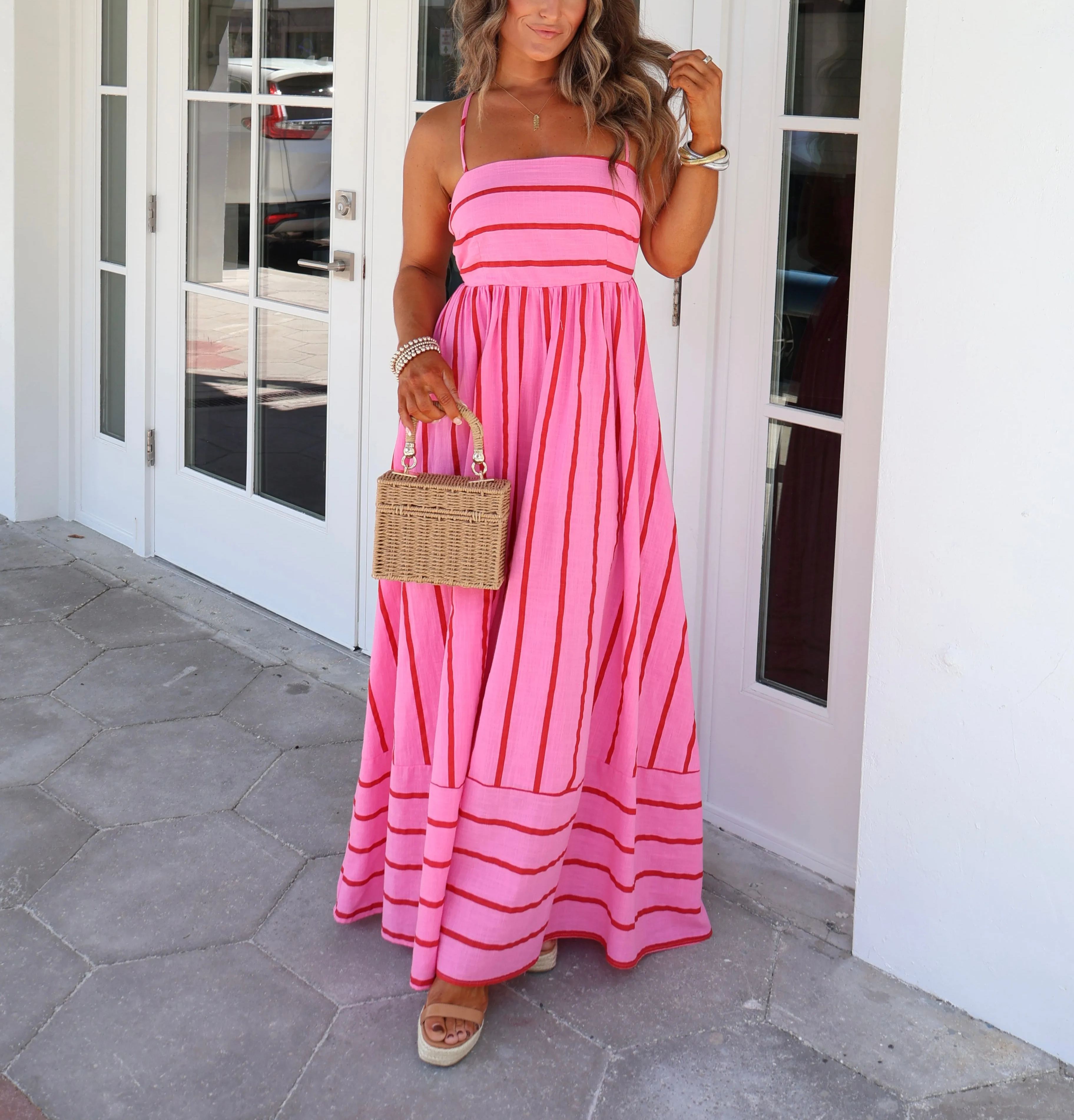 Cherry Blossom Striped Maxi Dress Pink Multi