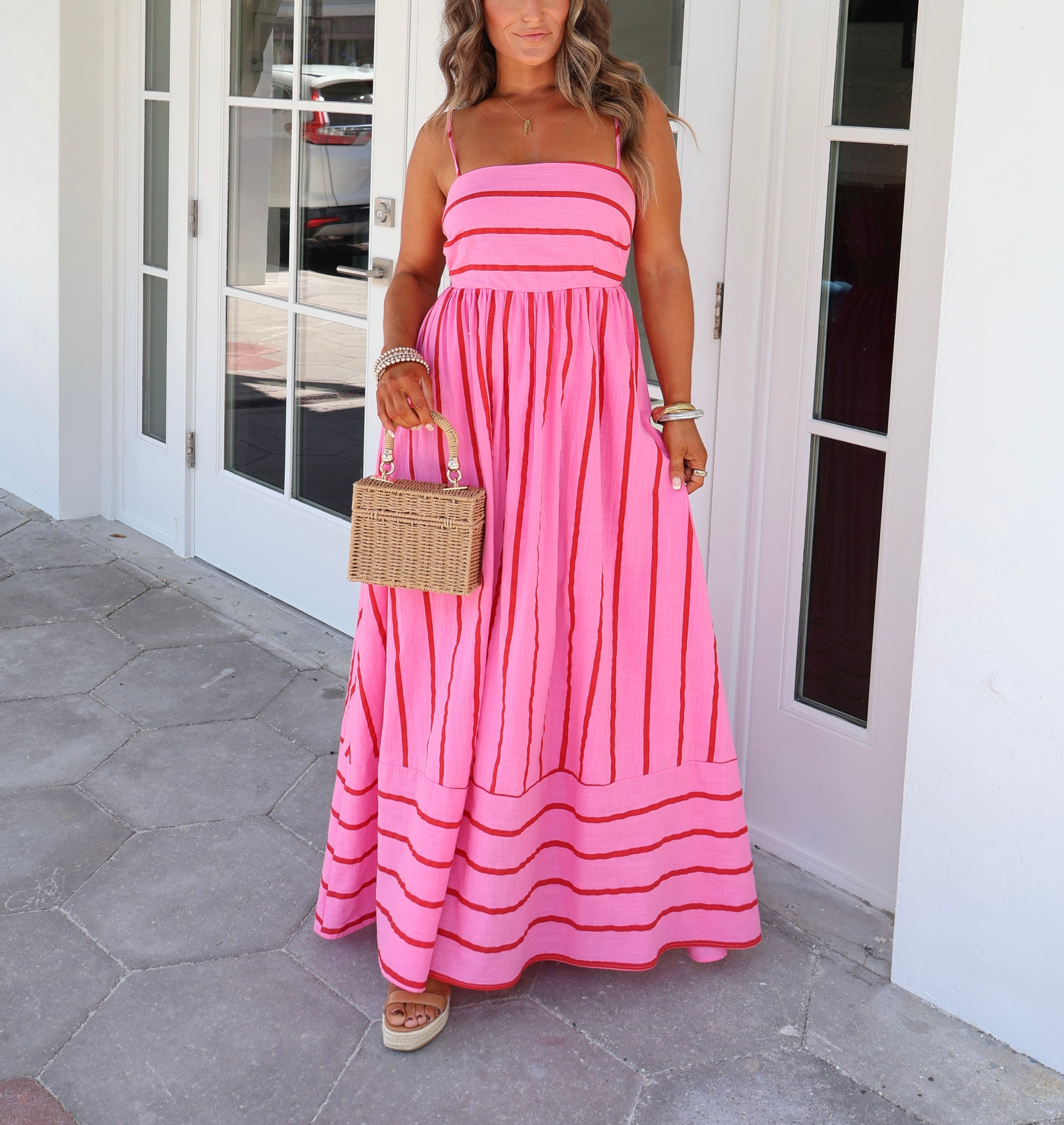 Cherry Blossom Striped Maxi Dress Pink Multi