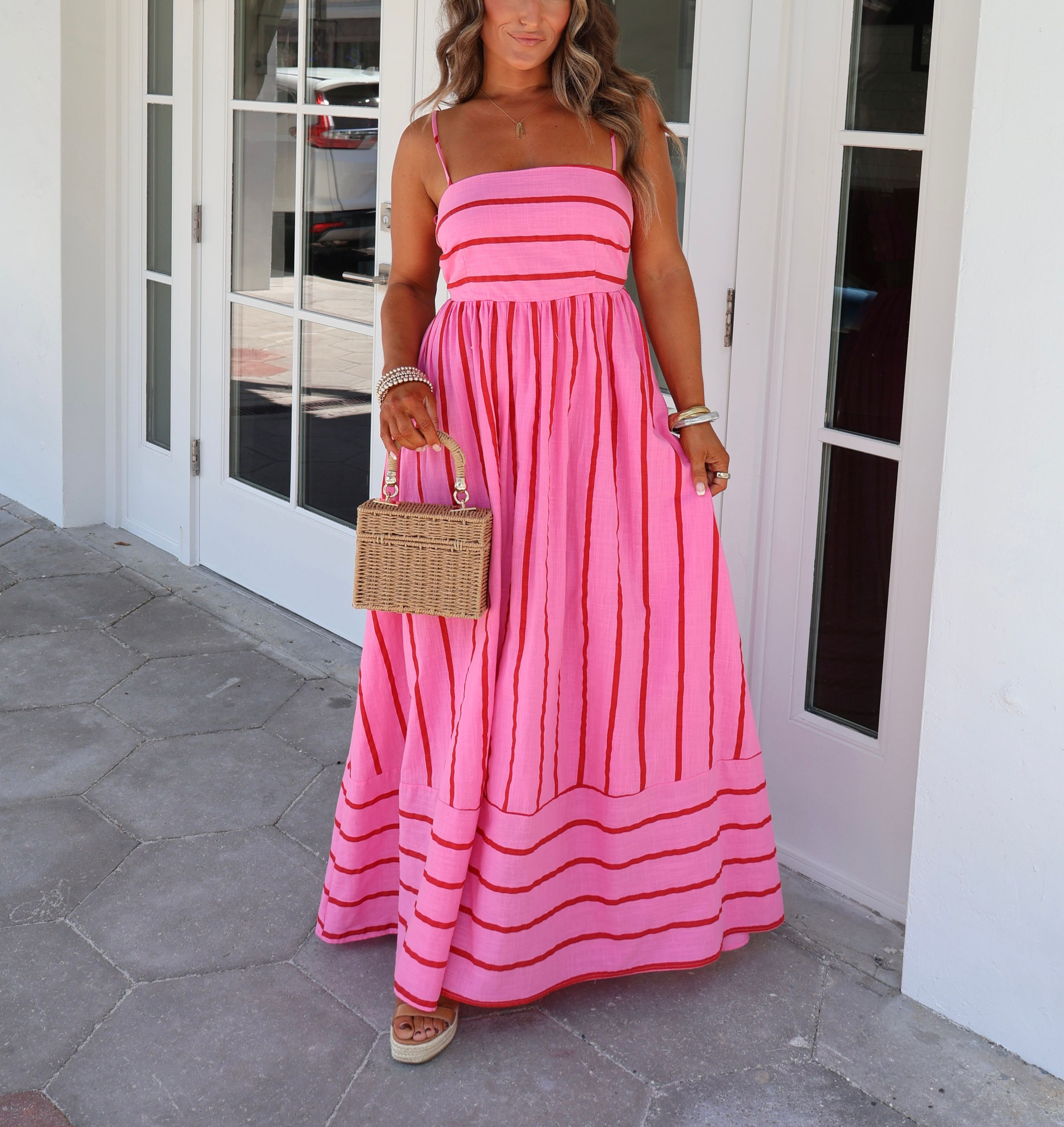 Cherry Blossom Striped Maxi Dress Pink Multi