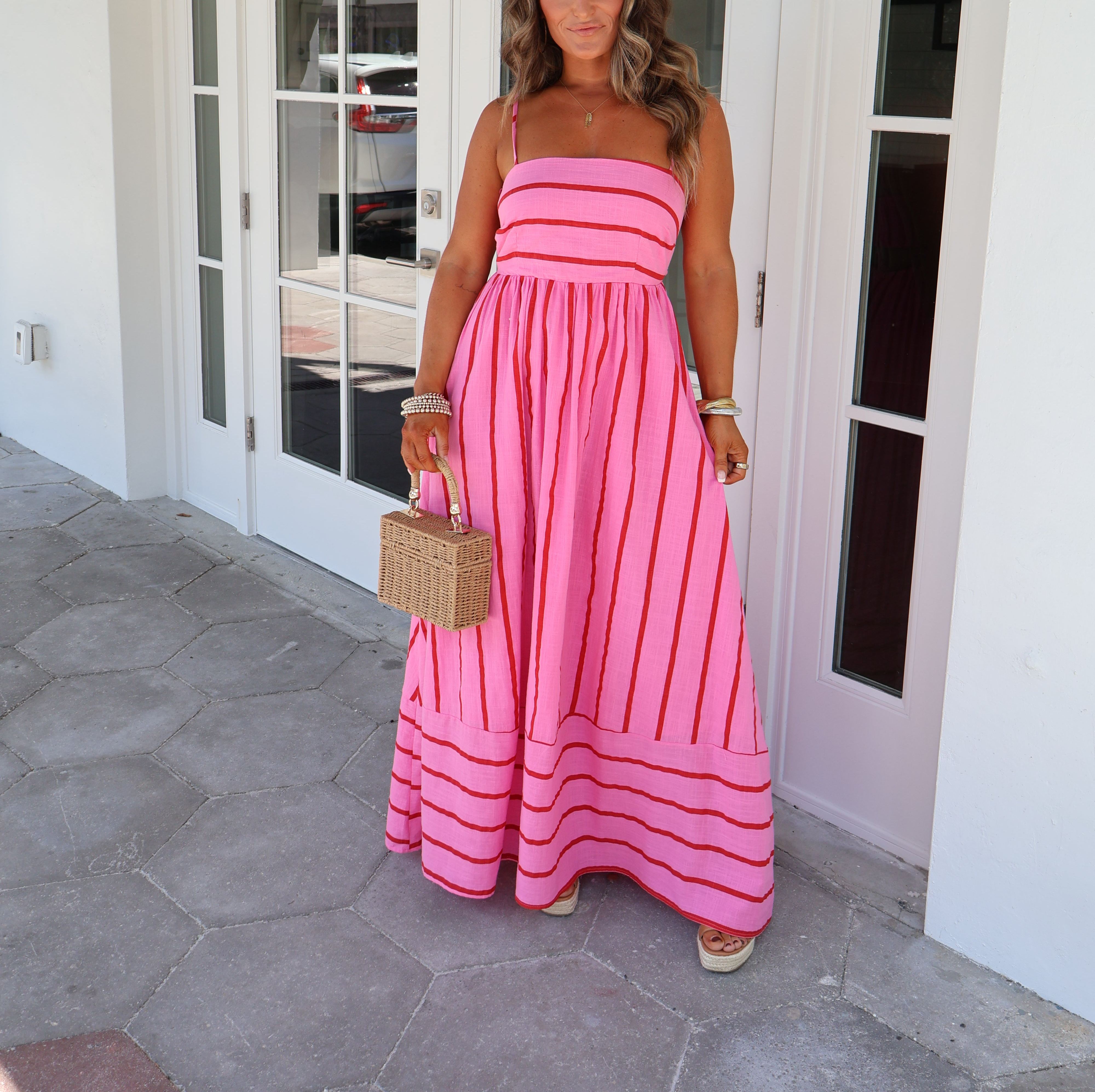 Cherry Blossom Striped Maxi Dress Pink Multi