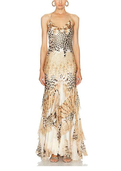Leopard Print Halter Neck Tiered Maxi Dress