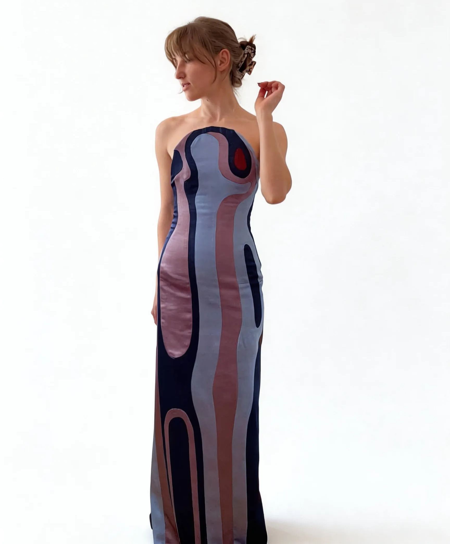 Abstract Art Strapless Satin Maxi Dress