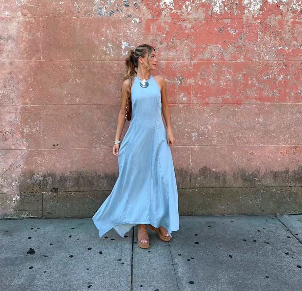 Light Blue Denim Halter Midi Dress