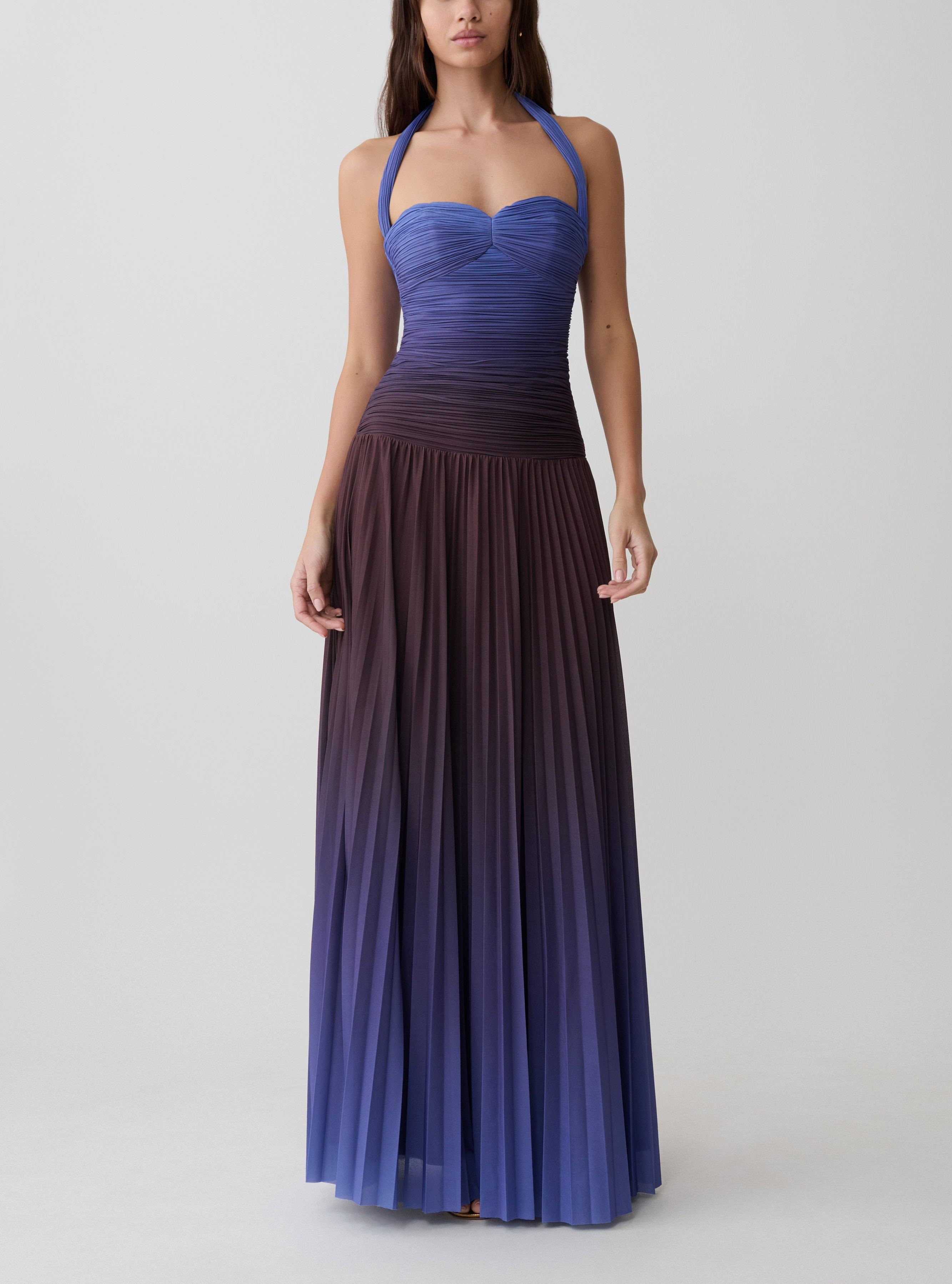 Blue to Brown Ombré Pleated Halter Maxi Dress