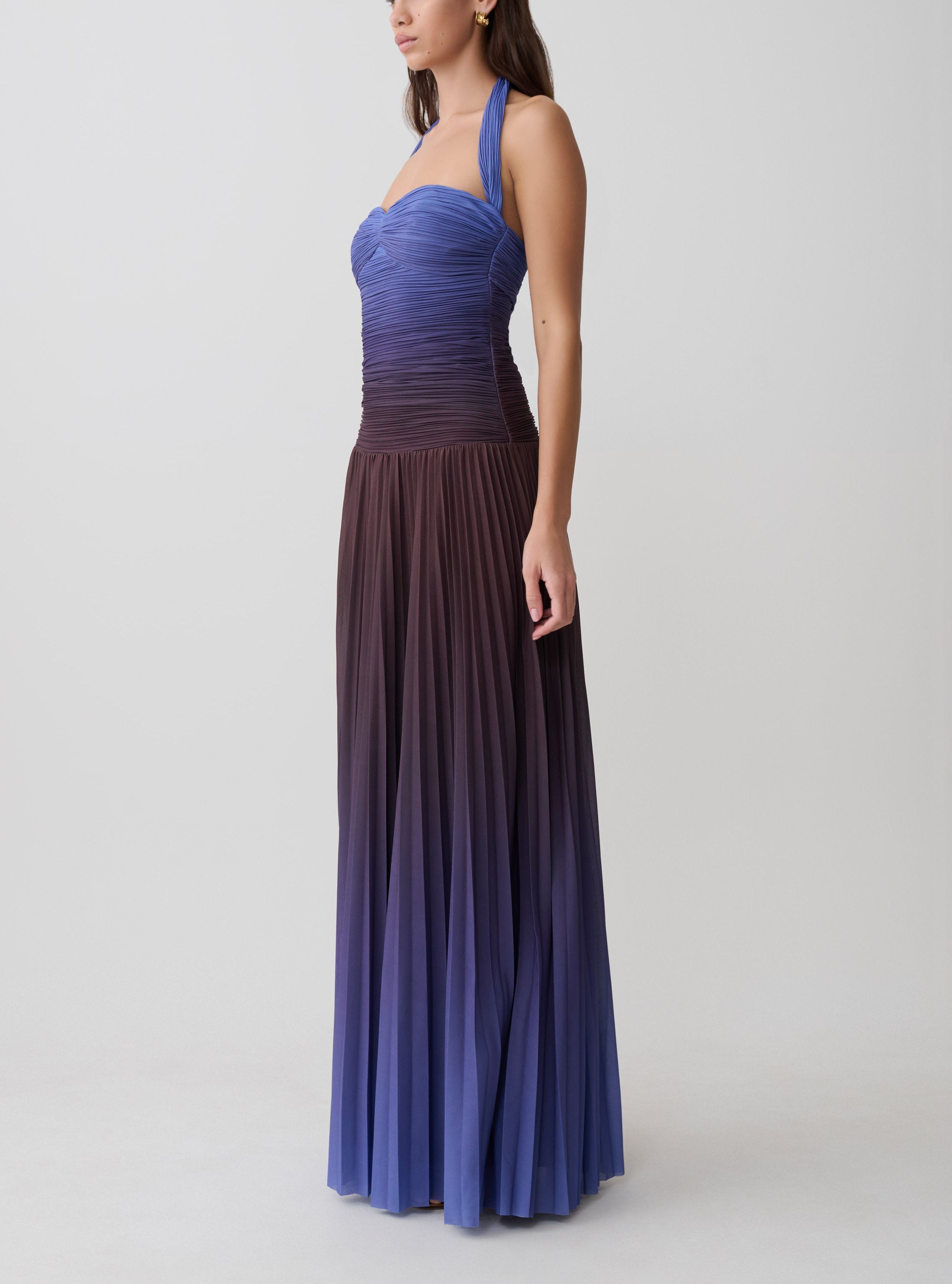 Blue to Brown Ombré Pleated Halter Maxi Dress