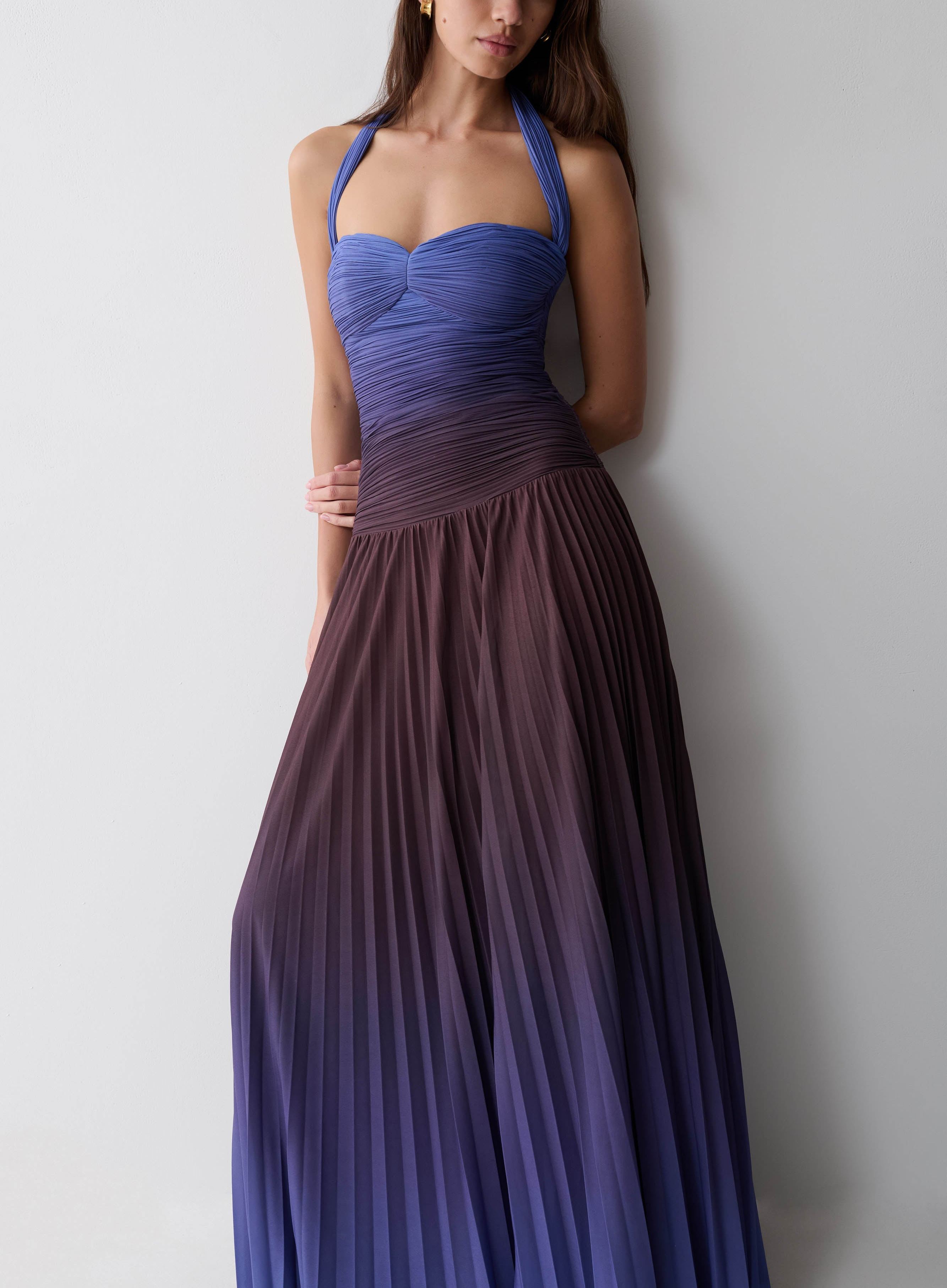 Blue to Brown Ombré Pleated Halter Maxi Dress