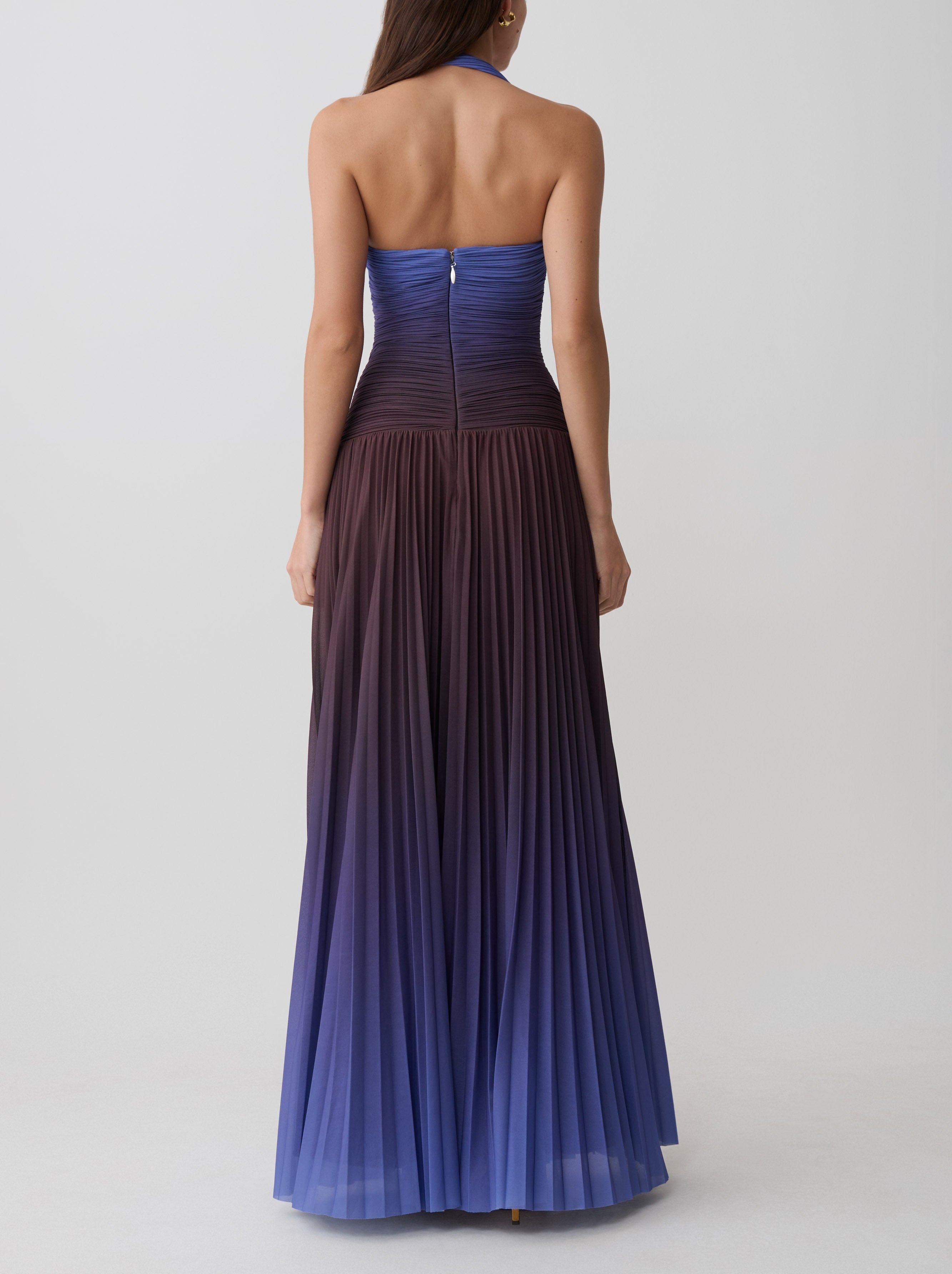 Blue to Brown Ombré Pleated Halter Maxi Dress