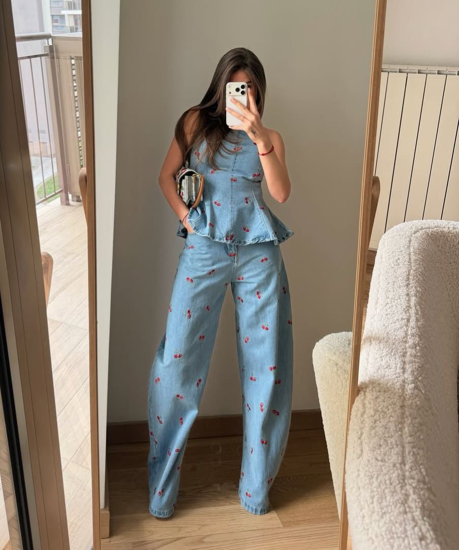 Light Wash Denim Cherry Embroidery Two-Piece Set