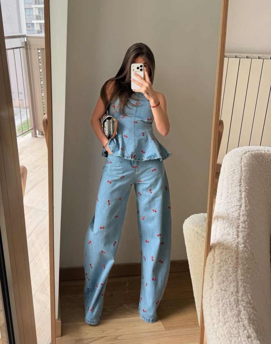 Light Wash Denim Cherry Embroidery Two-Piece Set