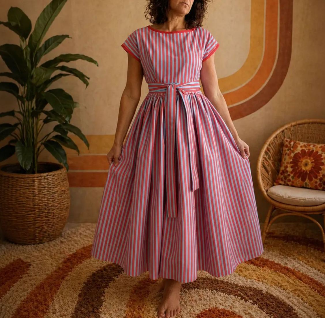 Red & Blue Striped Belted Midi Dress