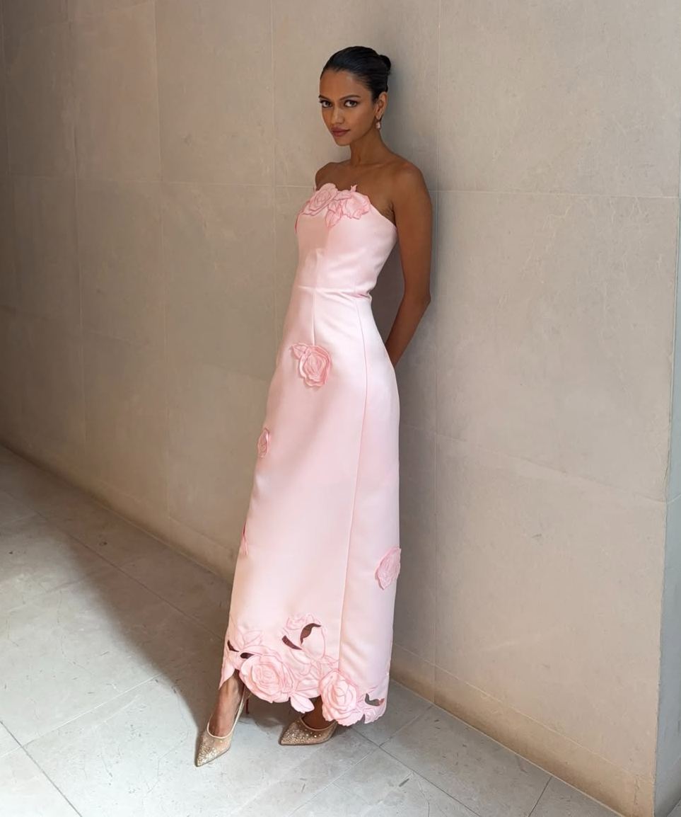 Blush Pink Strapless 3D Rose Applique Midi Dress