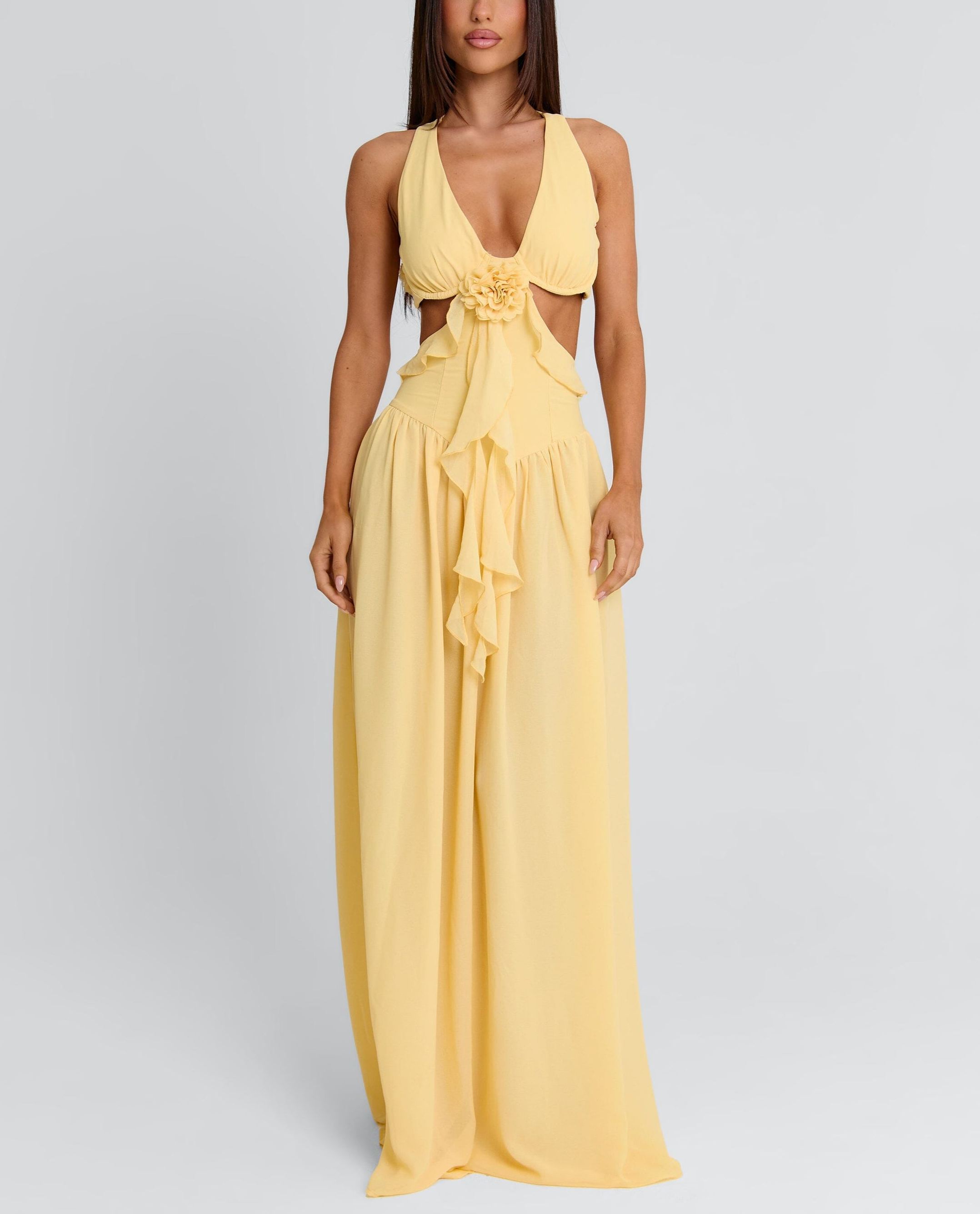 Pale Yellow Deep V Cut‑Out Ruffled Maxi Dress