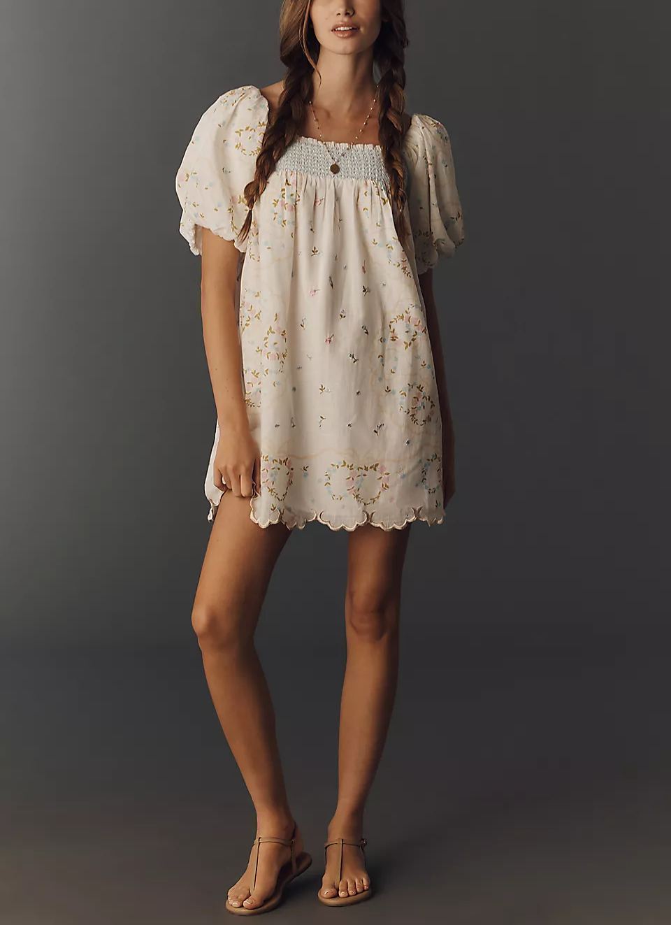 Off‑White Floral Embroidered Puff Sleeve Smocked Mini Dress