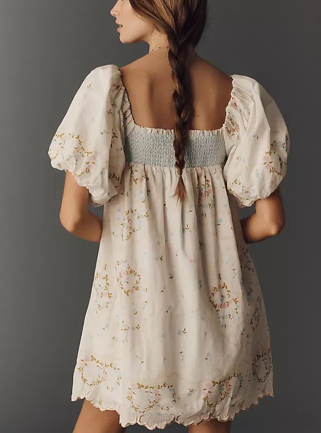 Off‑White Floral Embroidered Puff Sleeve Smocked Mini Dress