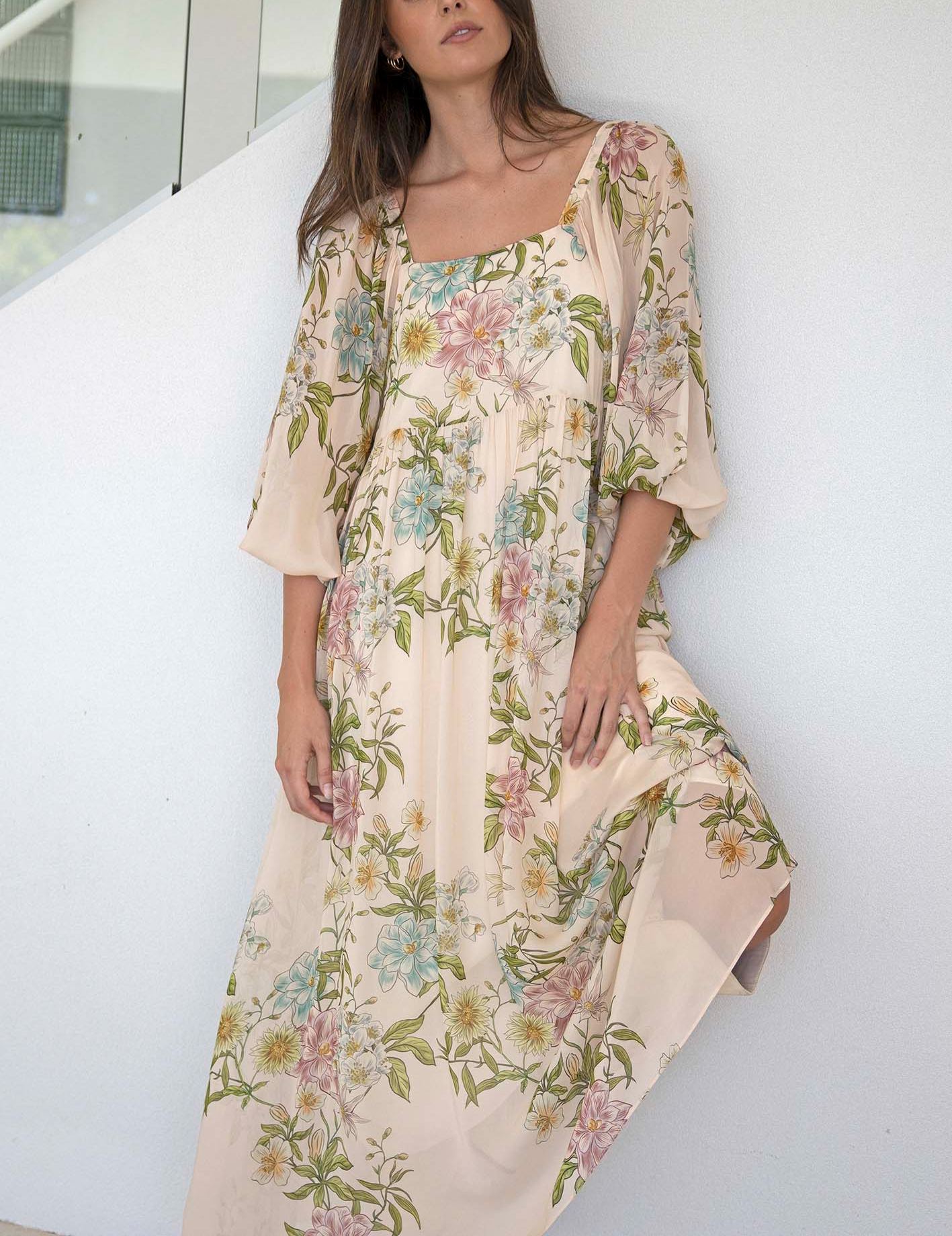 Momento Cream Floral Square Neck Maxi Dress