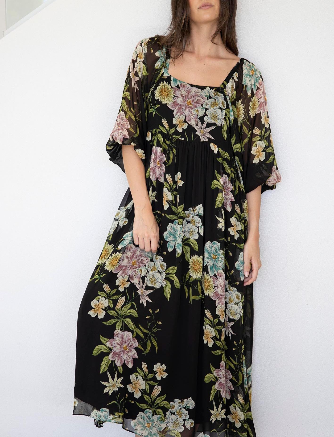 Night Garden Black Floral Square Neck Maxi Dress