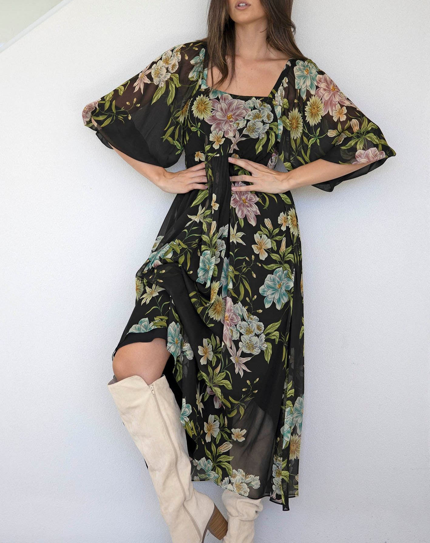 Night Garden Black Floral Square Neck Maxi Dress