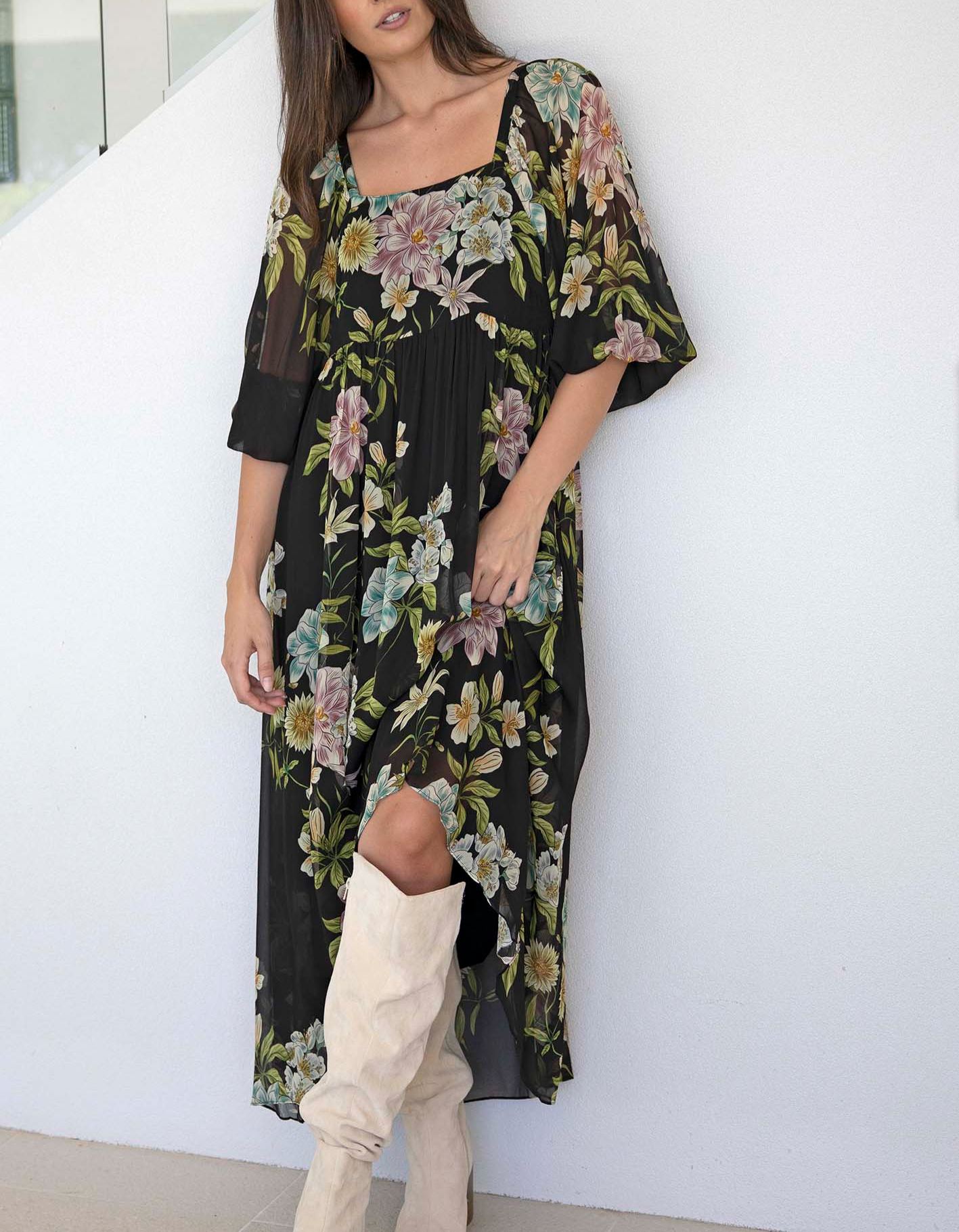 Night Garden Black Floral Square Neck Maxi Dress